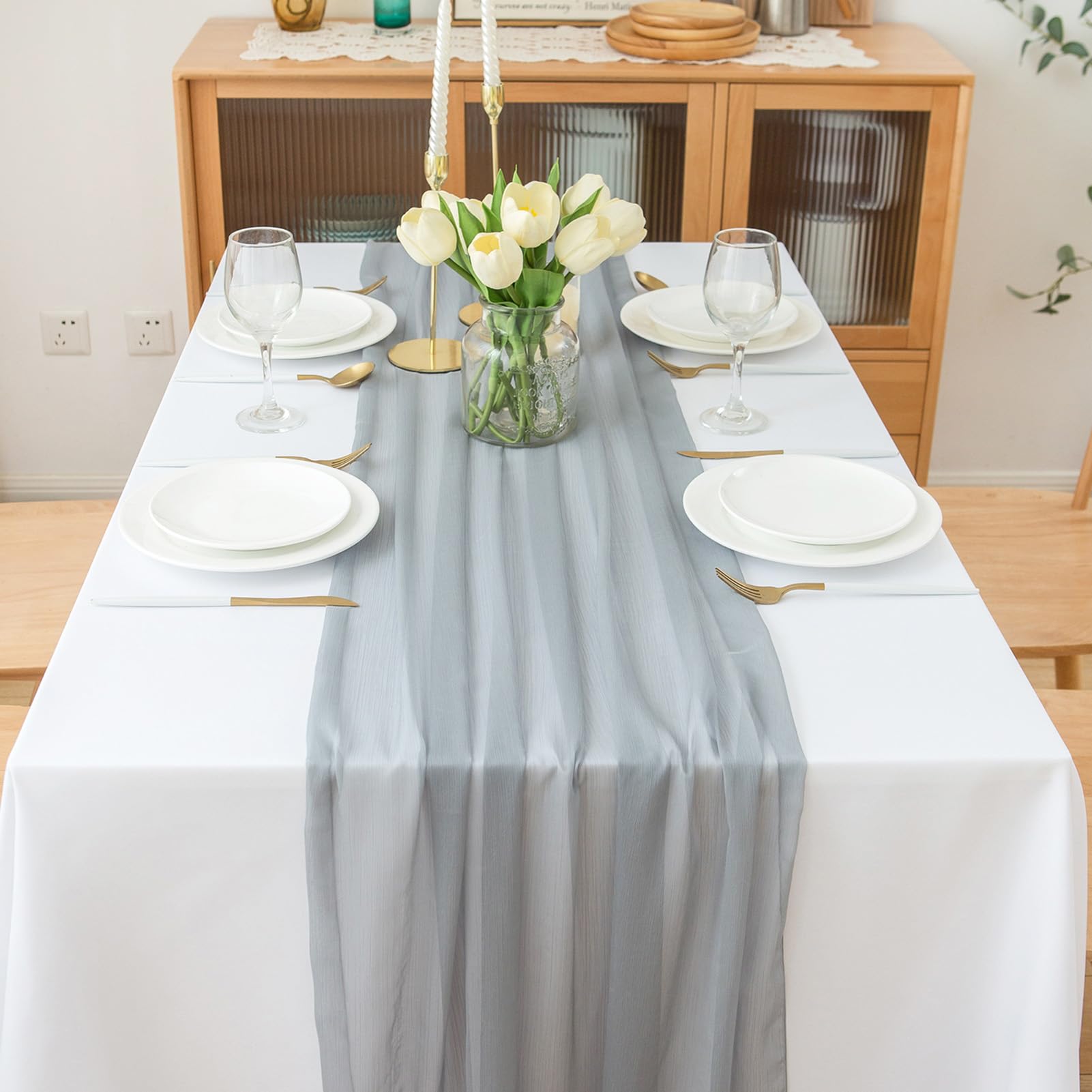 Chemin de table en mousseline de soie - Vert sauge - Décoration de table bohème - 70 cm x 3 m