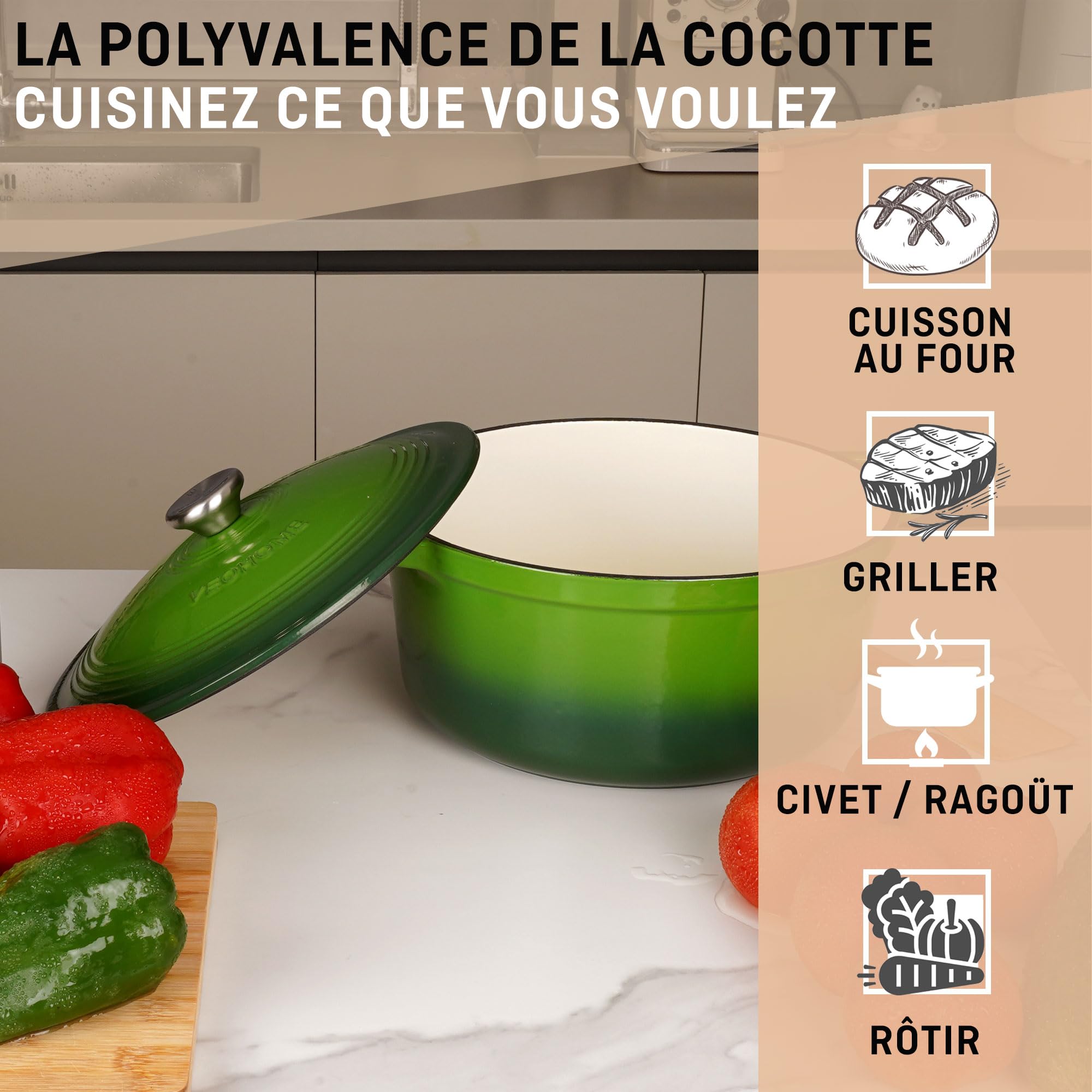 Cocotte Fonte Émaillée VeoHome Rouge 6L Ø28cm, Faitout Ultra Résistant,Marmite Compatible Induction/Gaz/Four, Cuisson Homogène, Saveurs Authentiques, Couvercle Relief