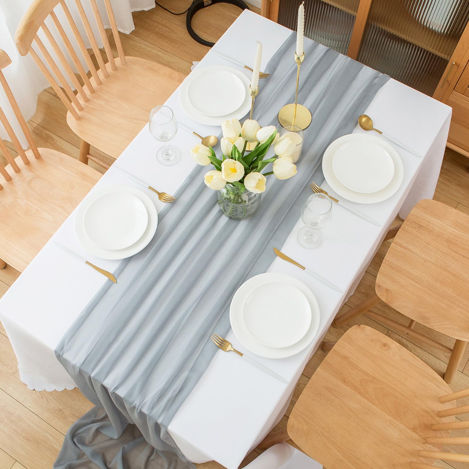 Chemin de table en mousseline de soie - Vert sauge - Décoration de table bohème - 70 cm x 3 m