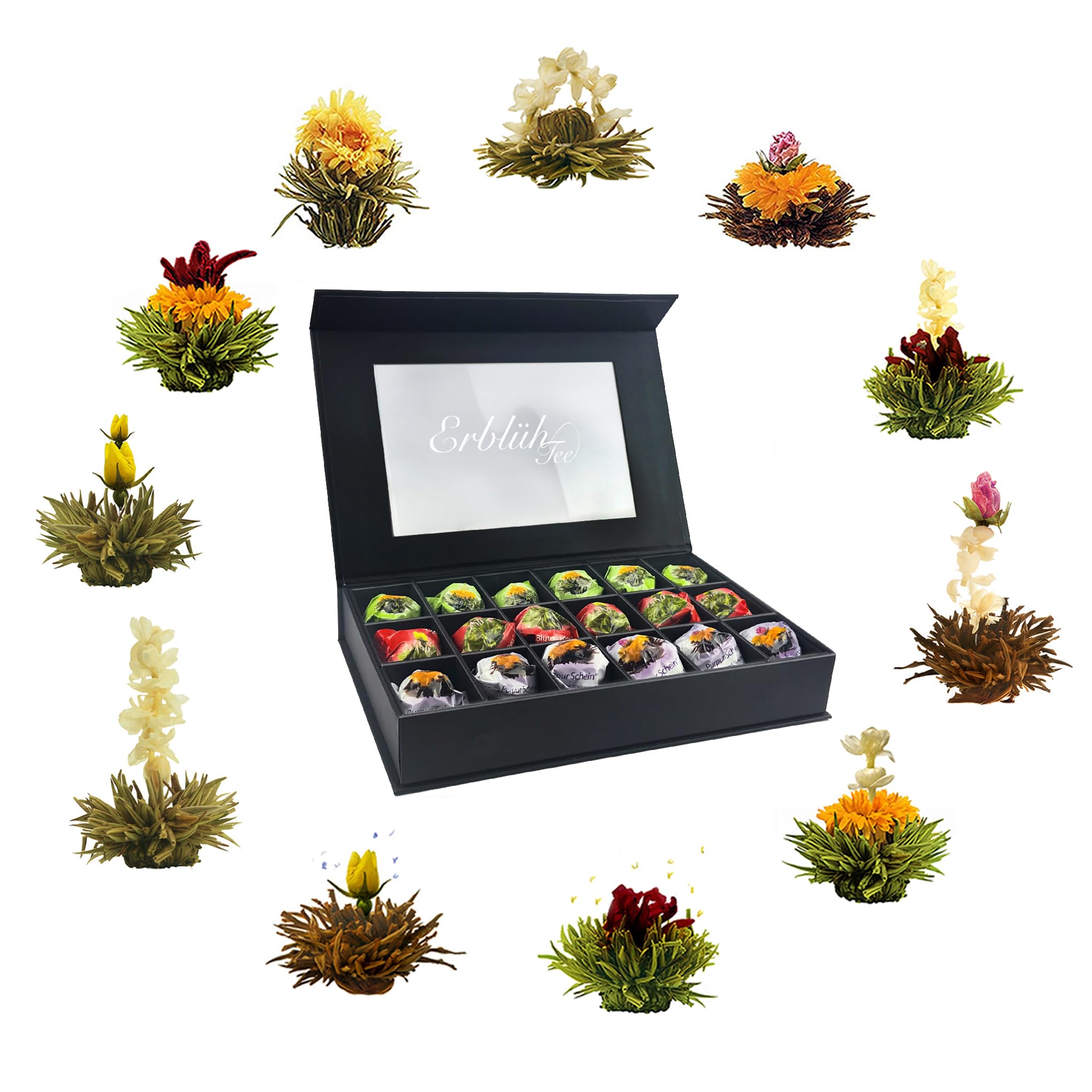 Creano Coffret Cadeau avec Fleurs de Thé dans Une Boîte Magnétique - Thé Blanc, Noir, Vert - 6 Fleurs de Thé avec 6 Sortes différentes