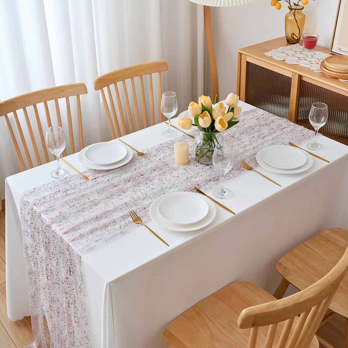 Chemin de table en mousseline de soie - Vert sauge - Décoration de table bohème - 70 cm x 3 m