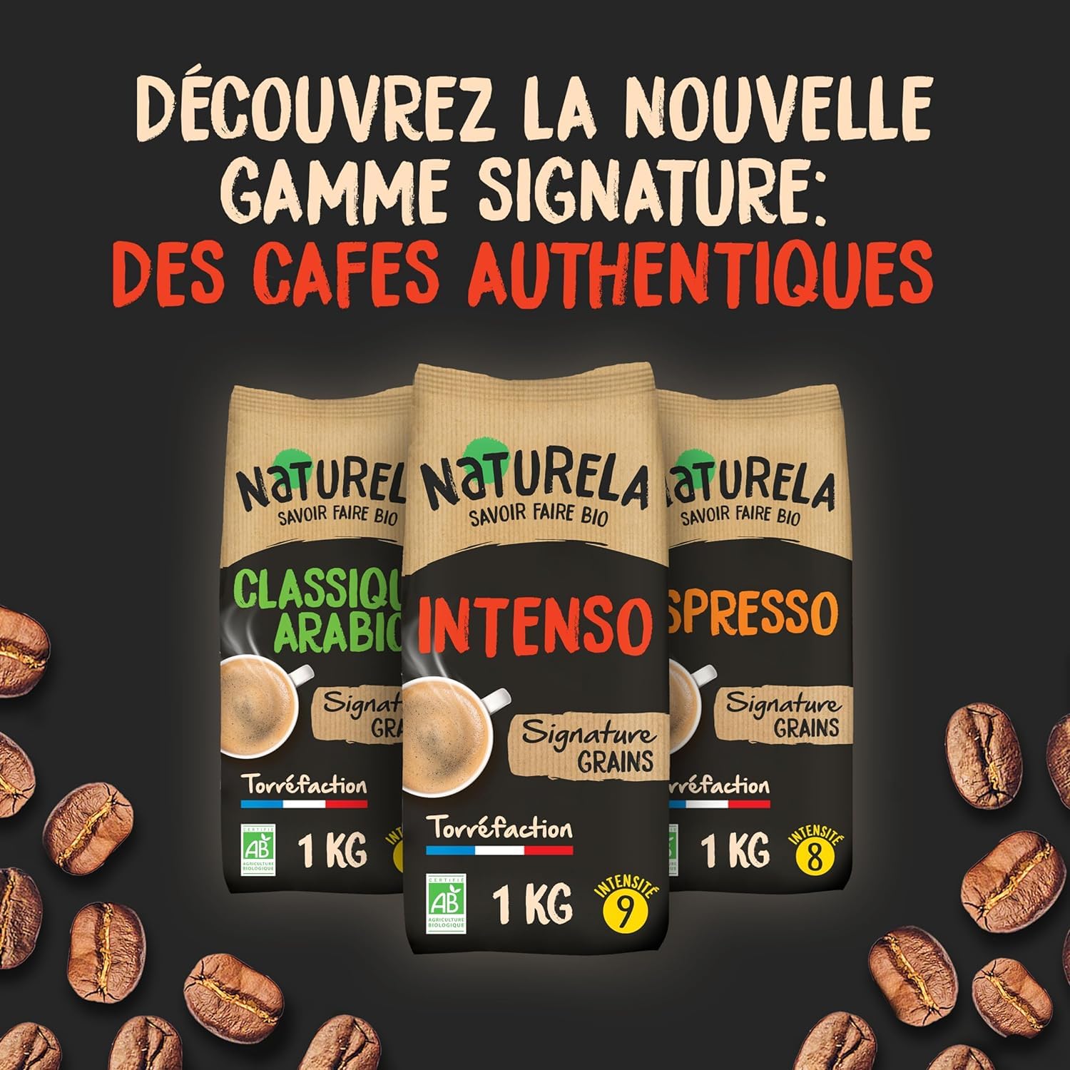 NATURELA - Café Grains Bio - Classique Arabica - 100% Arabica - Gamme Signature - Torréfaction Lente - Fabriqué en France - 1 kg