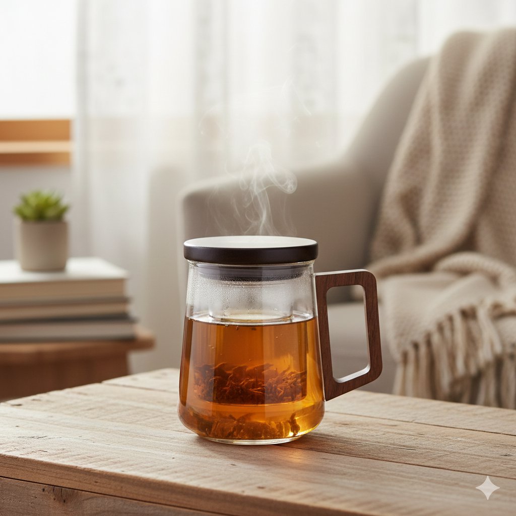 Mug en verre avec filtre, couvercle et anse en bois 9.5x13.5x11.5cm