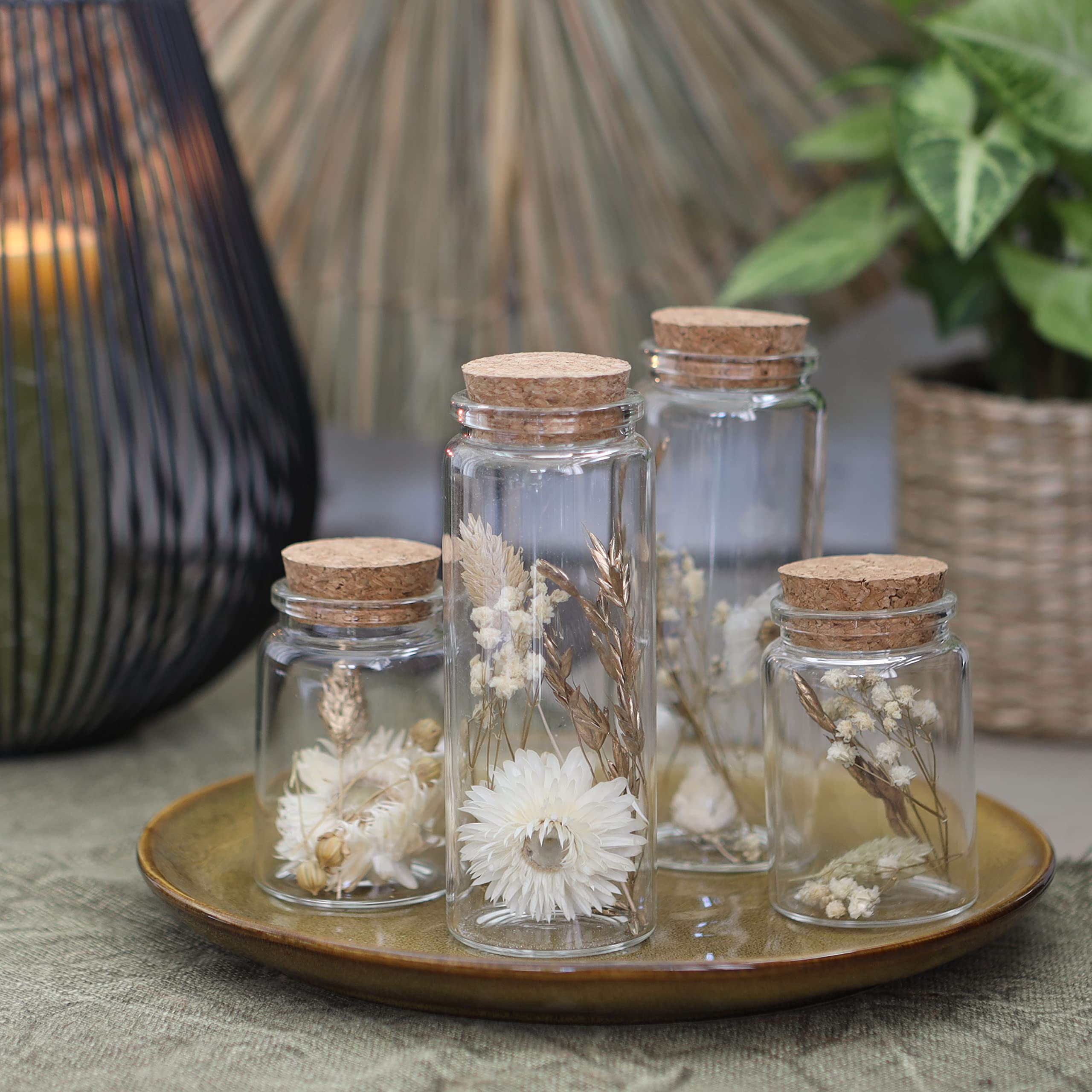 Comforder Fleurs Séchées en Verre avec Bouchon en Liège 4pcs, Décoration de Fleurs Séchées Naturelles dans Bouteille en Verre, Mariage Champêtre (Naturel)