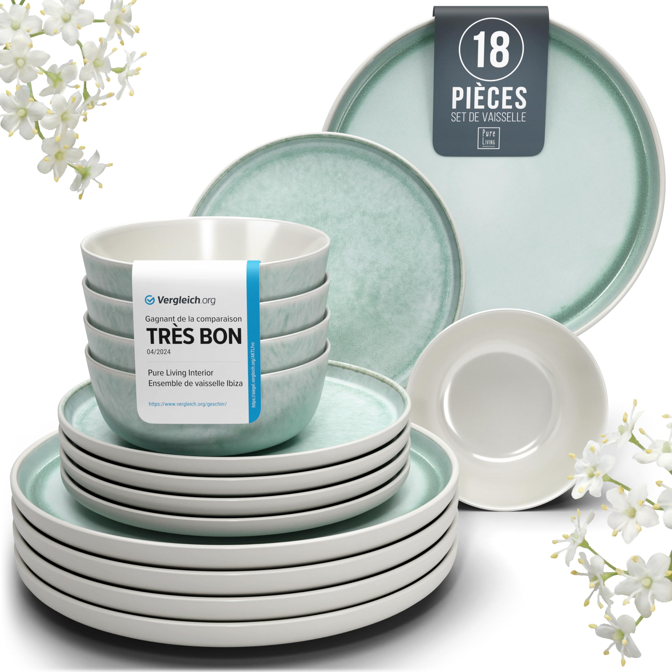 1.1.1.1. Ensemble de Vaisselle Rustique en Grès - Assiettes de Table Modernes Lavables au Lave-Vaisselle - Set de Vaisselle 6 Personnes Élégant en Bleu Fumé - Pure Living pour 6, Assiettes de Dîner