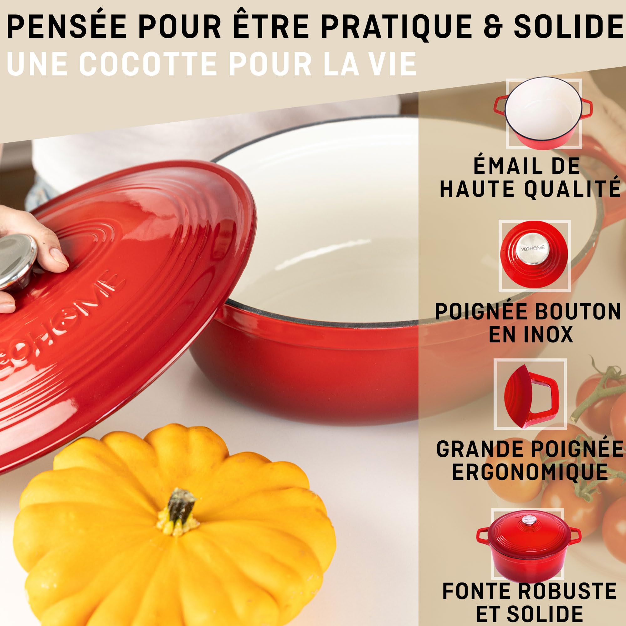 Cocotte Fonte Émaillée VeoHome Rouge 6L Ø28cm, Faitout Ultra Résistant,Marmite Compatible Induction/Gaz/Four, Cuisson Homogène, Saveurs Authentiques, Couvercle Relief