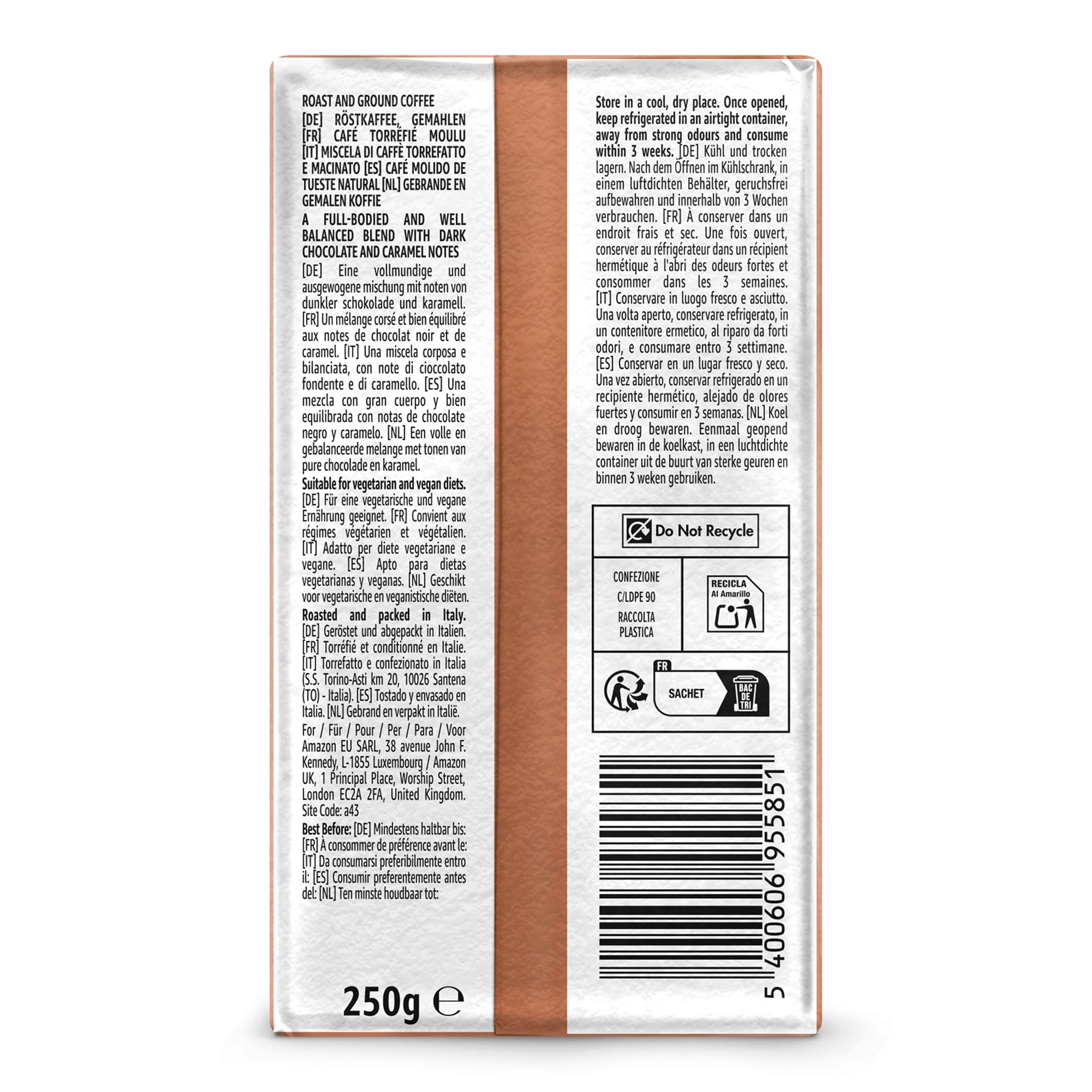 by Amazon Café moulu Espresso Crema, Torréfaction Moyenne, 250g, Lot de 4 - Certifié Rainforest Alliance