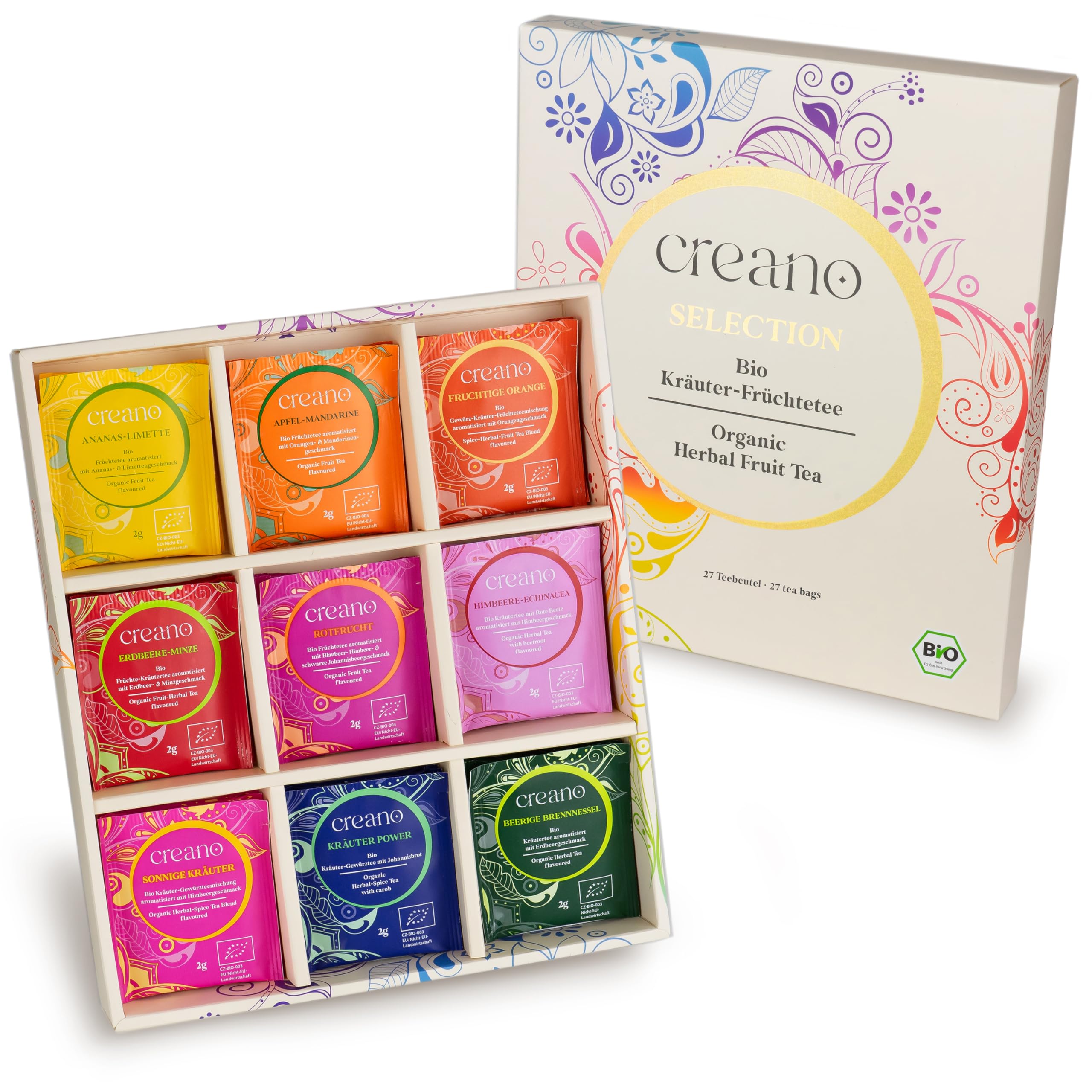 Creano Infusion aux fruits bio - Coffret cadeau - 27 sachets de thé bio en 9 variétés magnifiques - 54g*
