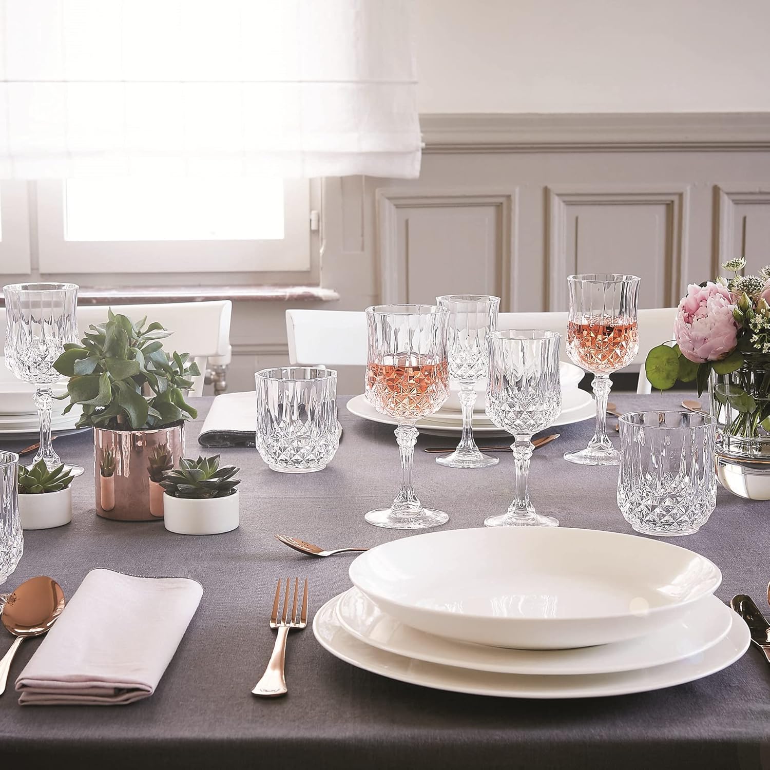 Cristal d'Arques Paris - Collection Longchamp - 6 Verres à vin 17 cl en Kwarx - Brillance, Transparence et Haute Résistance - Moulures Iconiques - Fabriqués en France