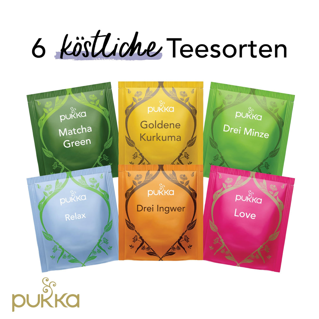 Pukka Coffret Découverte Prestige, Idée Cadeau Femme et Homme, Coffret de Tisanes, Matcha, Gingembre, Miel, Menthe,Cadeau de Thé 100% bio Saint Valentin, Anniversaire, 6 Saveurs, 90 Sachets
