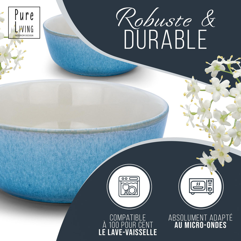 1.1.1.1. Ensemble de Vaisselle Rustique en Grès - Assiettes de Table Modernes Lavables au Lave-Vaisselle - Set de Vaisselle 6 Personnes Élégant en Bleu Fumé - Pure Living pour 6, Assiettes de Dîner