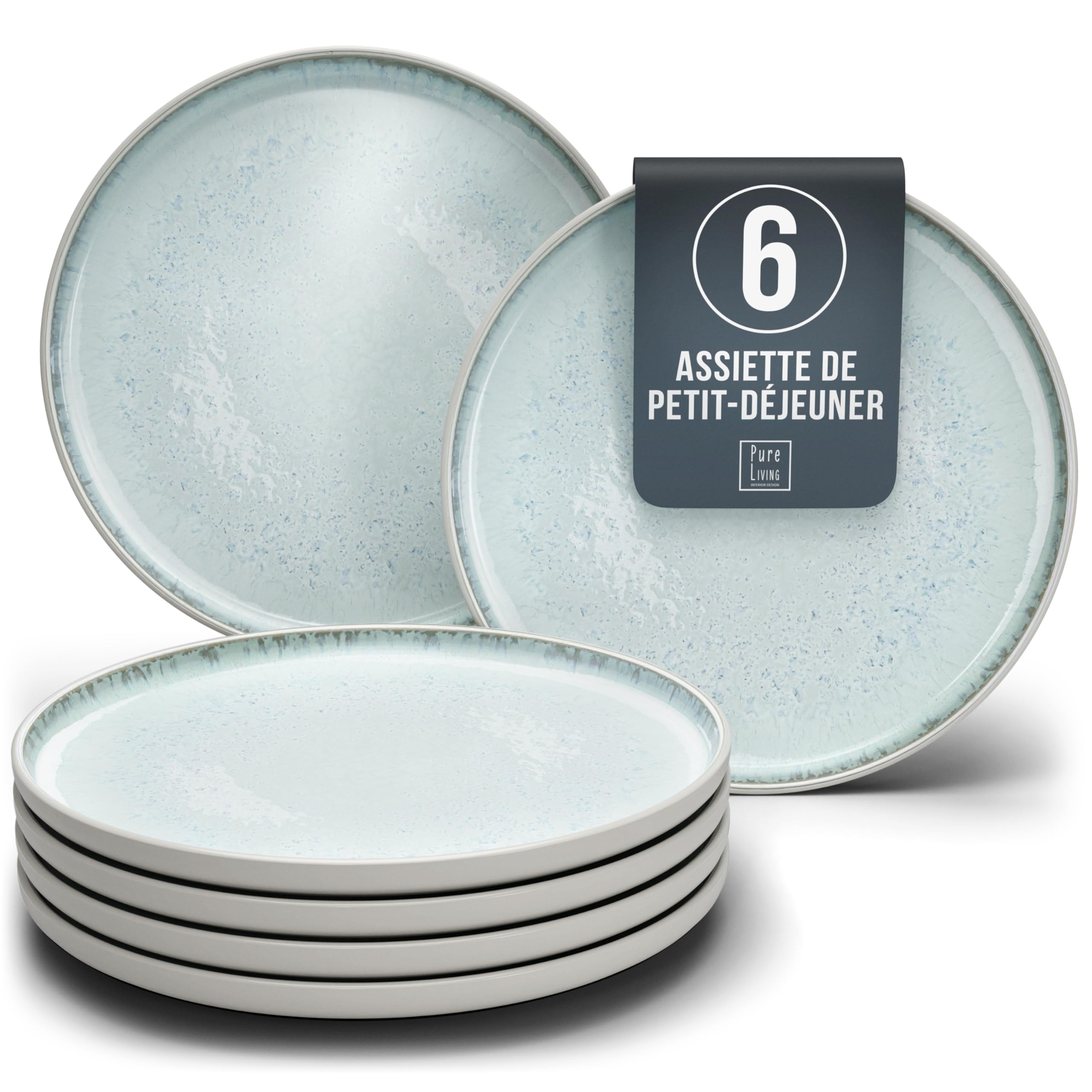 1.1.1.1. Ensemble de Vaisselle Rustique en Grès - Assiettes de Table Modernes Lavables au Lave-Vaisselle - Set de Vaisselle 6 Personnes Élégant en Bleu Fumé - Pure Living pour 6, Assiettes de Dîner