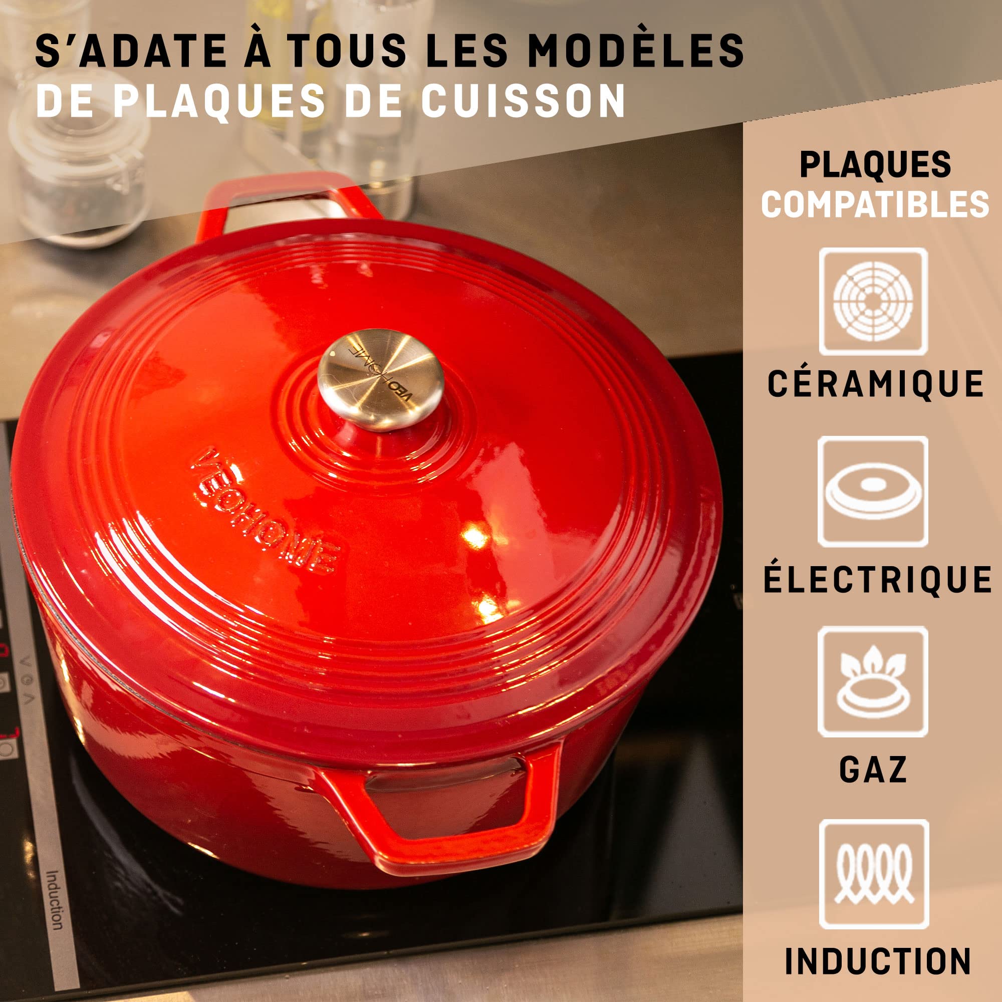 Cocotte Fonte Émaillée VeoHome Rouge 6L Ø28cm, Faitout Ultra Résistant,Marmite Compatible Induction/Gaz/Four, Cuisson Homogène, Saveurs Authentiques, Couvercle Relief