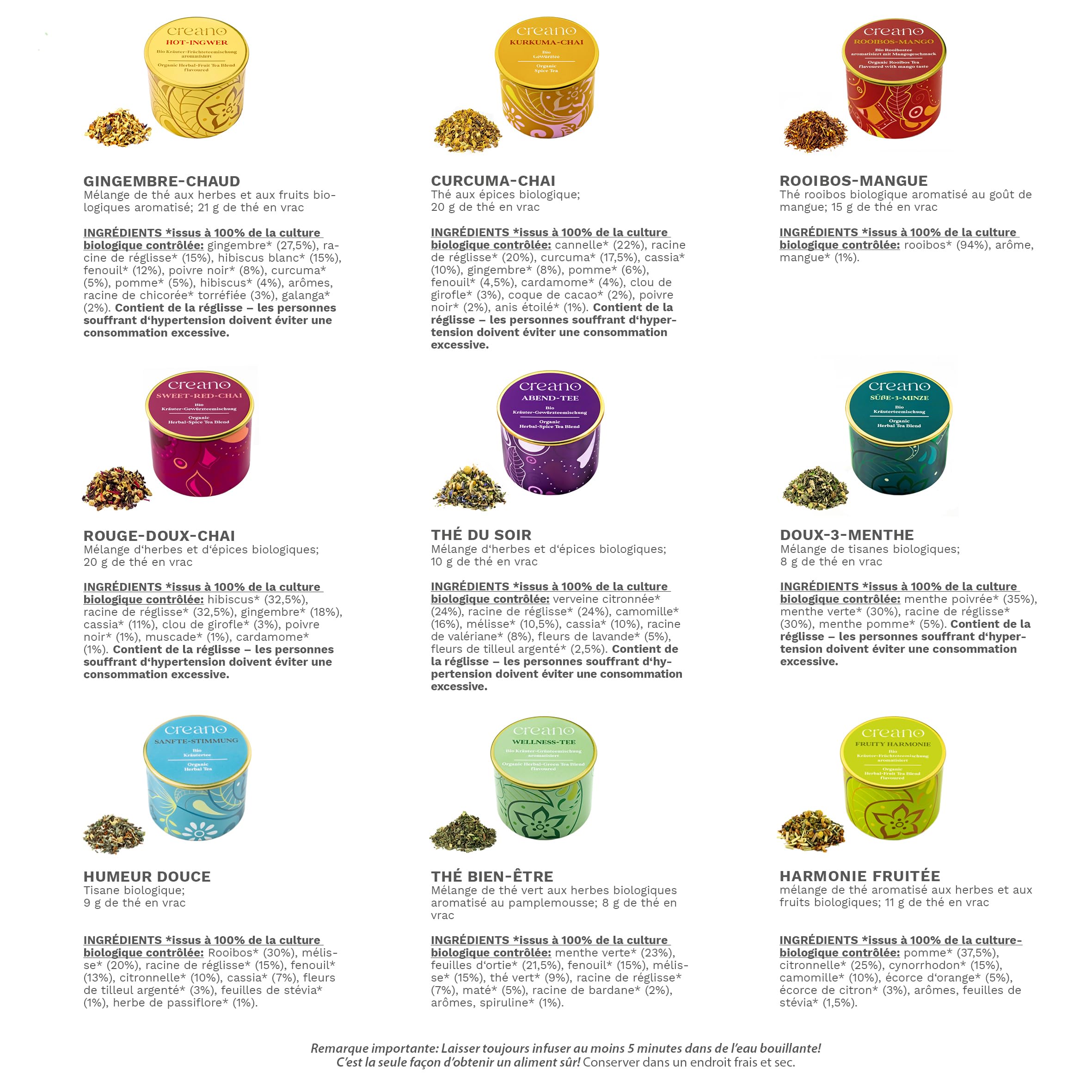 Creano Infusion aux fruits bio - Coffret cadeau - 27 sachets de thé bio en 9 variétés magnifiques - 54g*