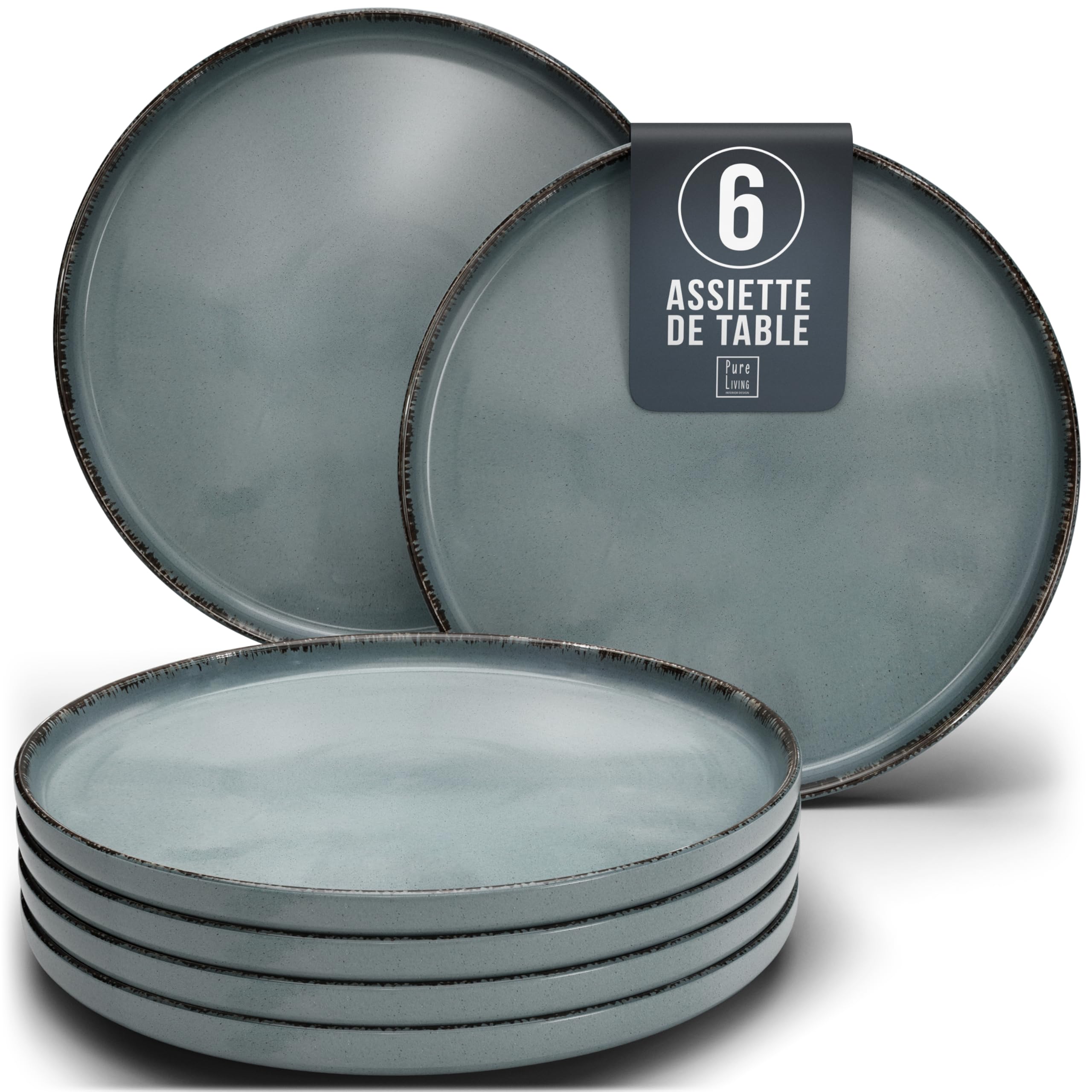 1.1.1.1. Ensemble de Vaisselle Rustique en Grès - Assiettes de Table Modernes Lavables au Lave-Vaisselle - Set de Vaisselle 6 Personnes Élégant en Bleu Fumé - Pure Living pour 6, Assiettes de Dîner