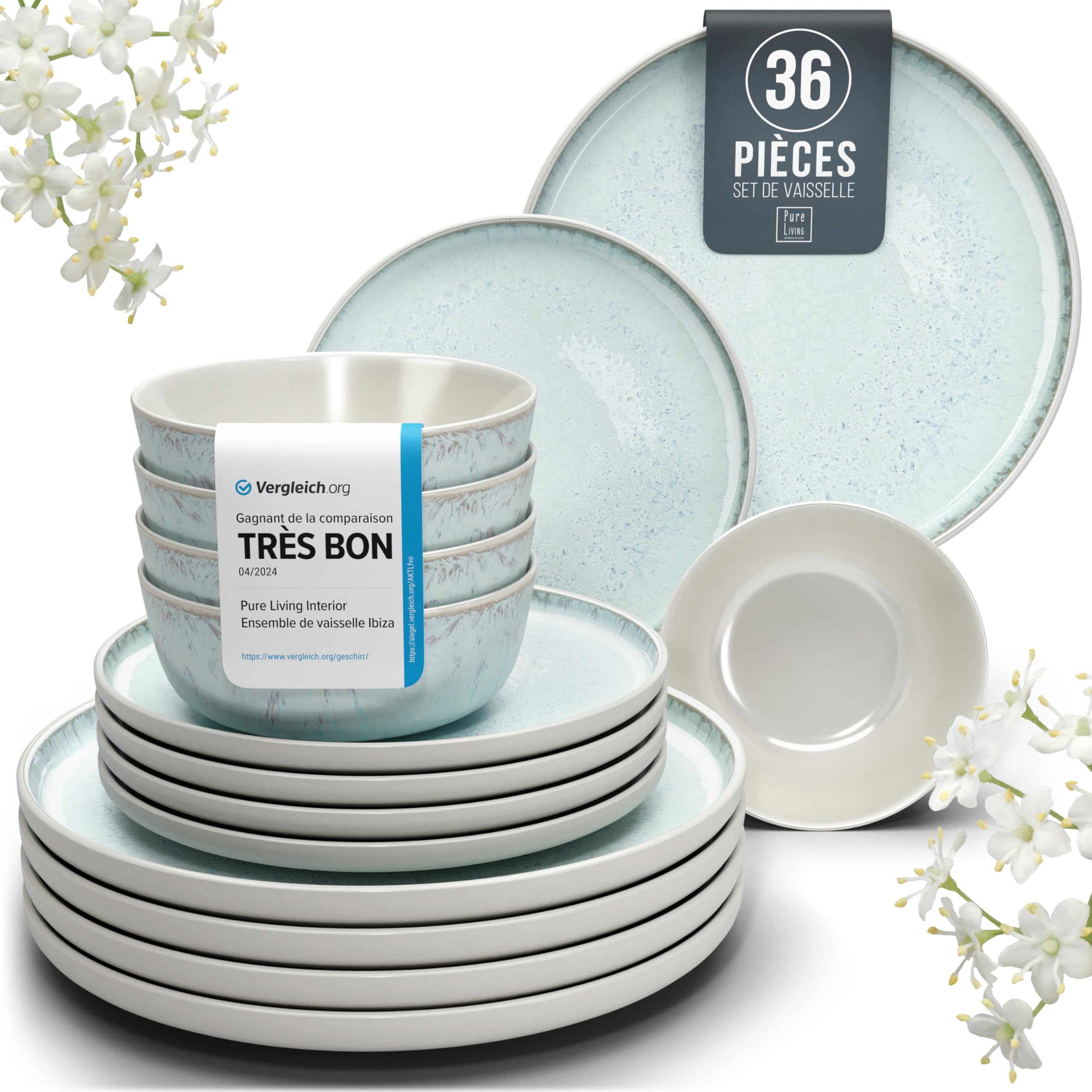 1.1.1.1. Ensemble de Vaisselle Rustique en Grès - Assiettes de Table Modernes Lavables au Lave-Vaisselle - Set de Vaisselle 6 Personnes Élégant en Bleu Fumé - Pure Living pour 6, Assiettes de Dîner