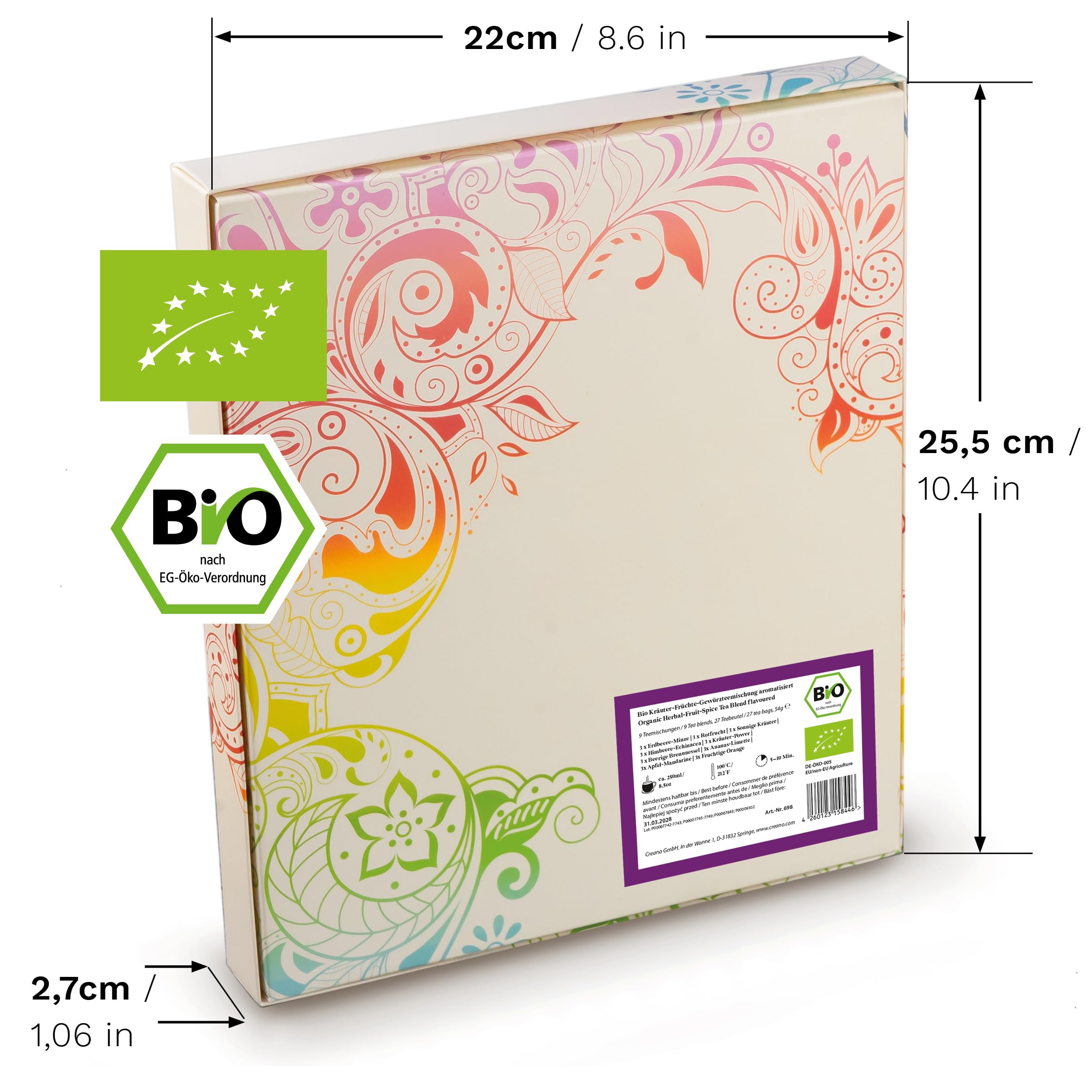 Creano Infusion aux fruits bio - Coffret cadeau - 27 sachets de thé bio en 9 variétés magnifiques - 54g*