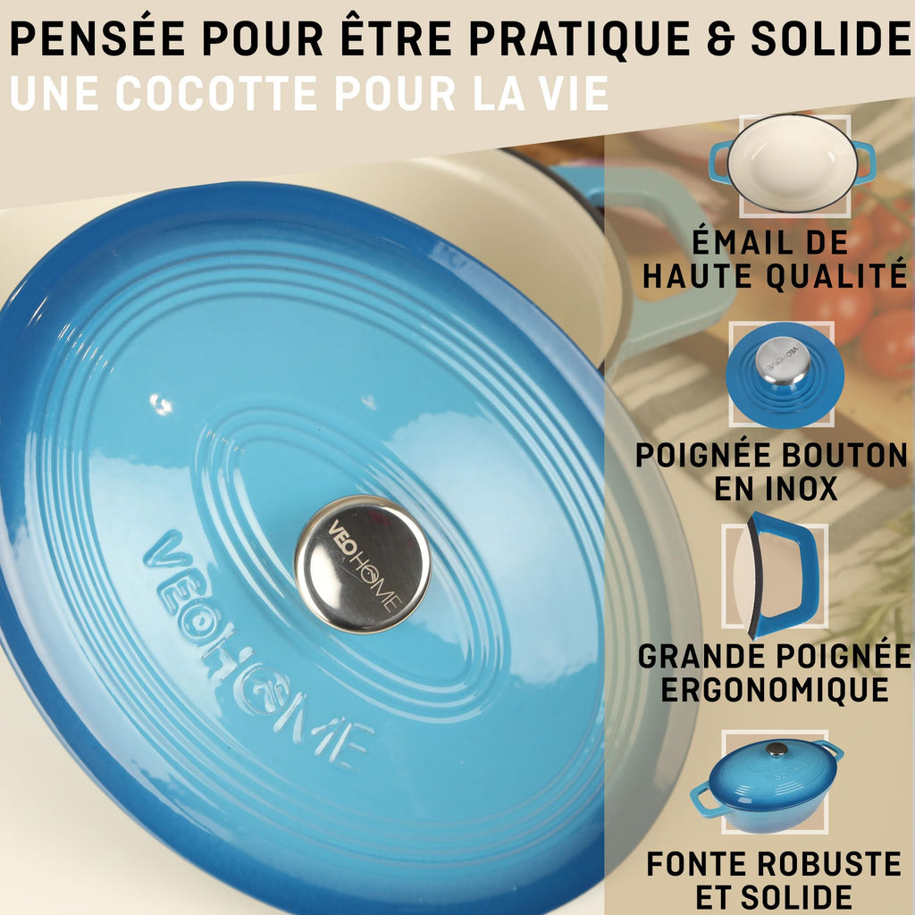 Cocotte Fonte Émaillée VeoHome Rouge 6L Ø28cm, Faitout Ultra Résistant,Marmite Compatible Induction/Gaz/Four, Cuisson Homogène, Saveurs Authentiques, Couvercle Relief