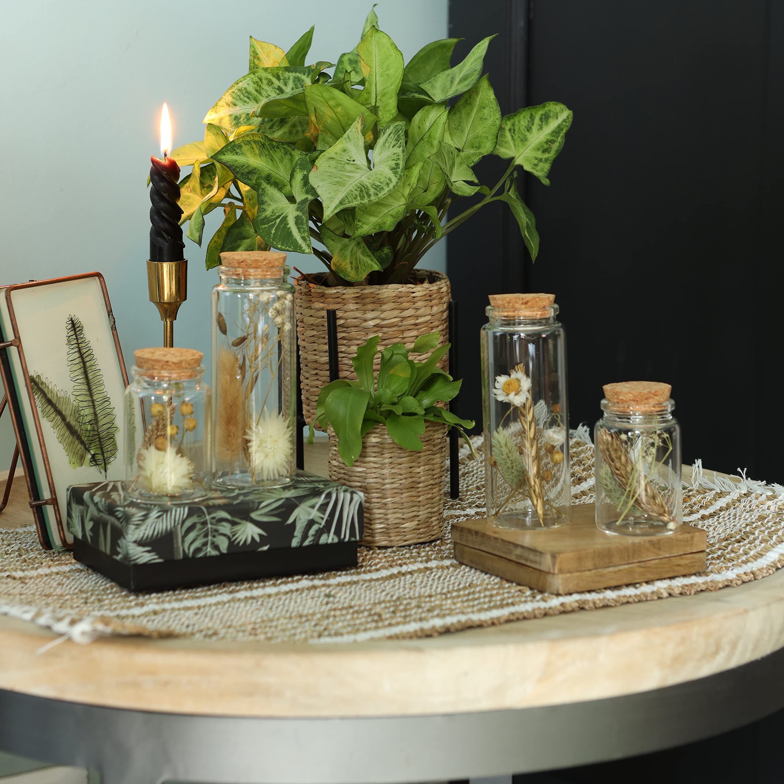 Comforder Fleurs Séchées en Verre avec Bouchon en Liège 4pcs, Décoration de Fleurs Séchées Naturelles dans Bouteille en Verre, Mariage Champêtre (Naturel)