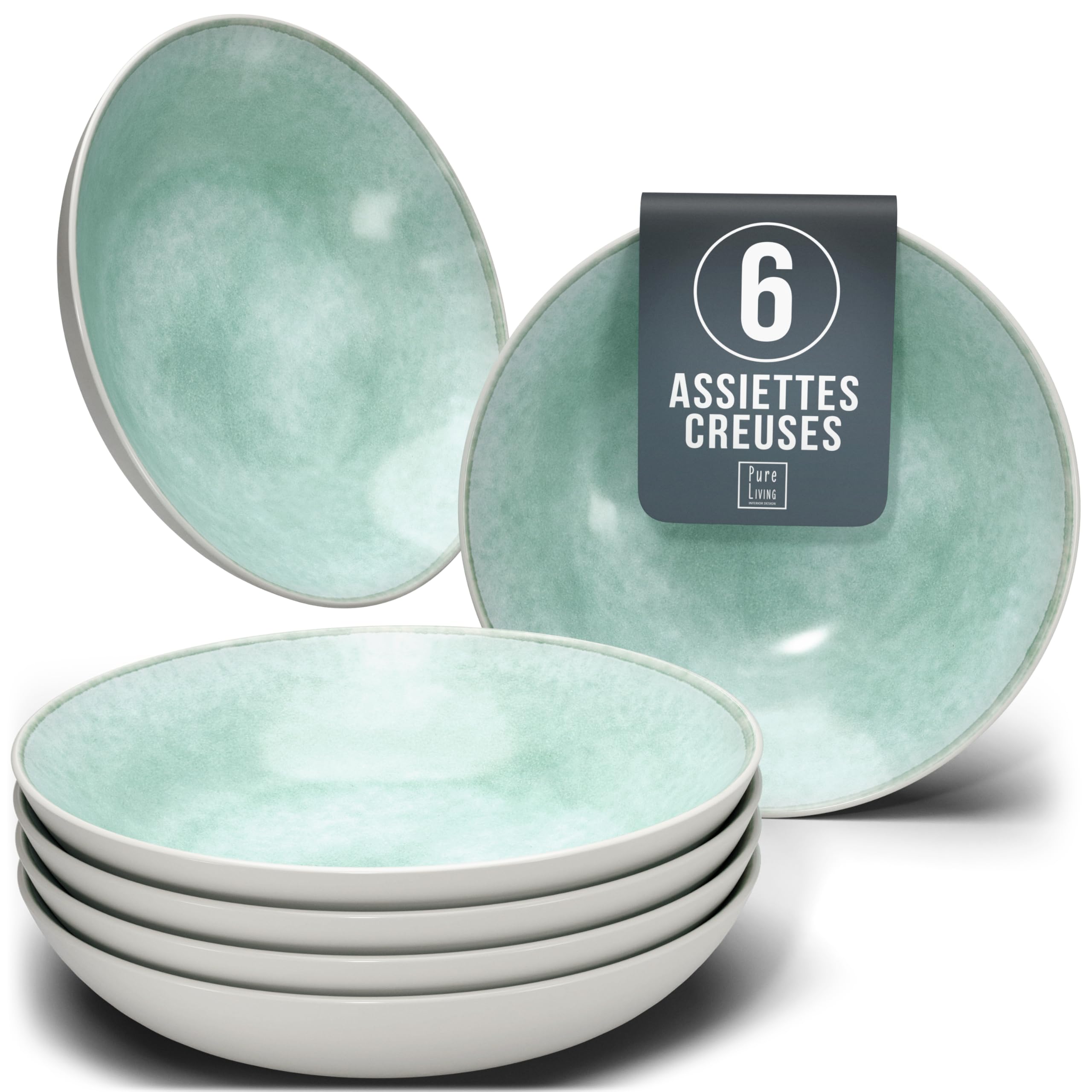 1.1.1.1. Ensemble de Vaisselle Rustique en Grès - Assiettes de Table Modernes Lavables au Lave-Vaisselle - Set de Vaisselle 6 Personnes Élégant en Bleu Fumé - Pure Living pour 6, Assiettes de Dîner