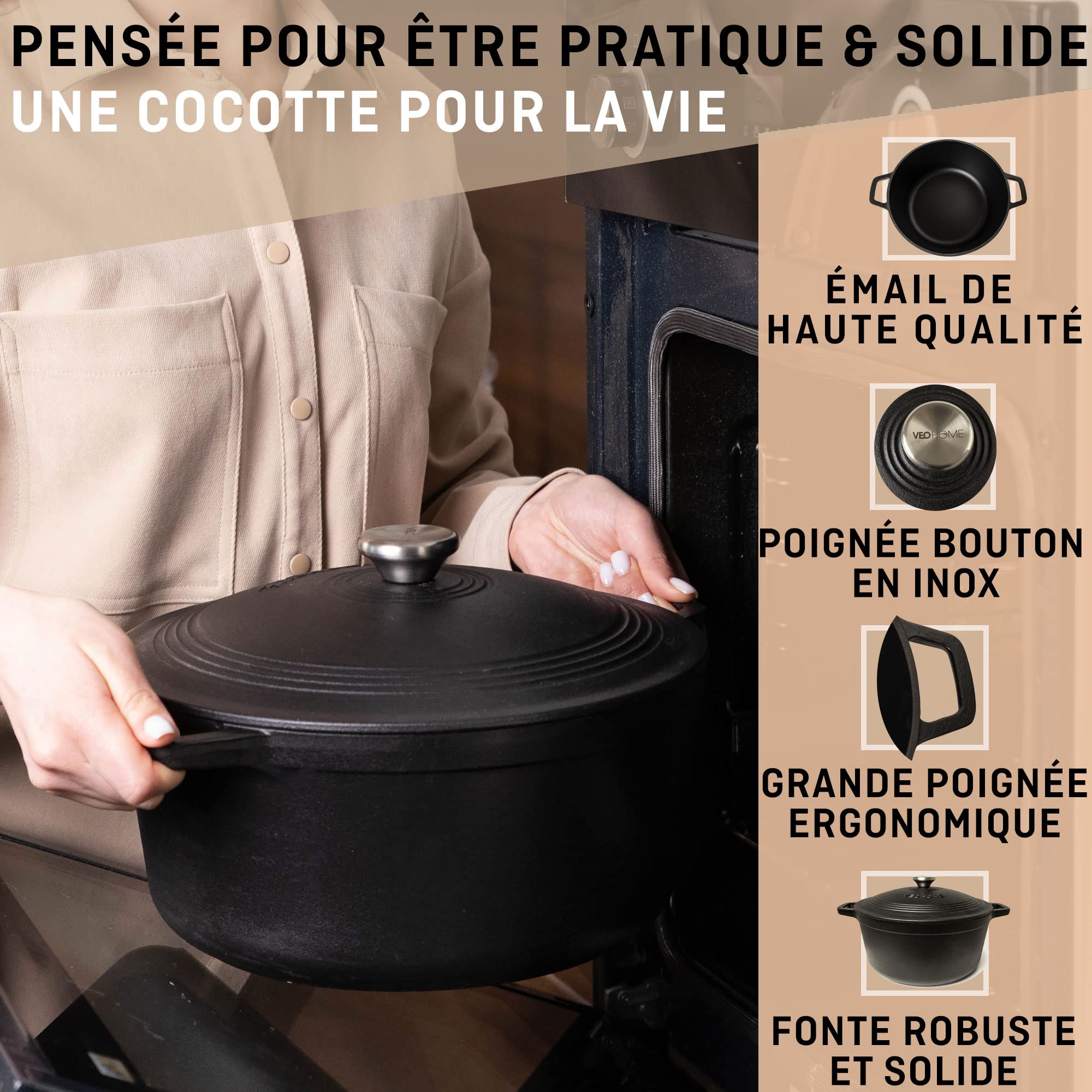 Cocotte Fonte Émaillée VeoHome Rouge 6L Ø28cm, Faitout Ultra Résistant,Marmite Compatible Induction/Gaz/Four, Cuisson Homogène, Saveurs Authentiques, Couvercle Relief