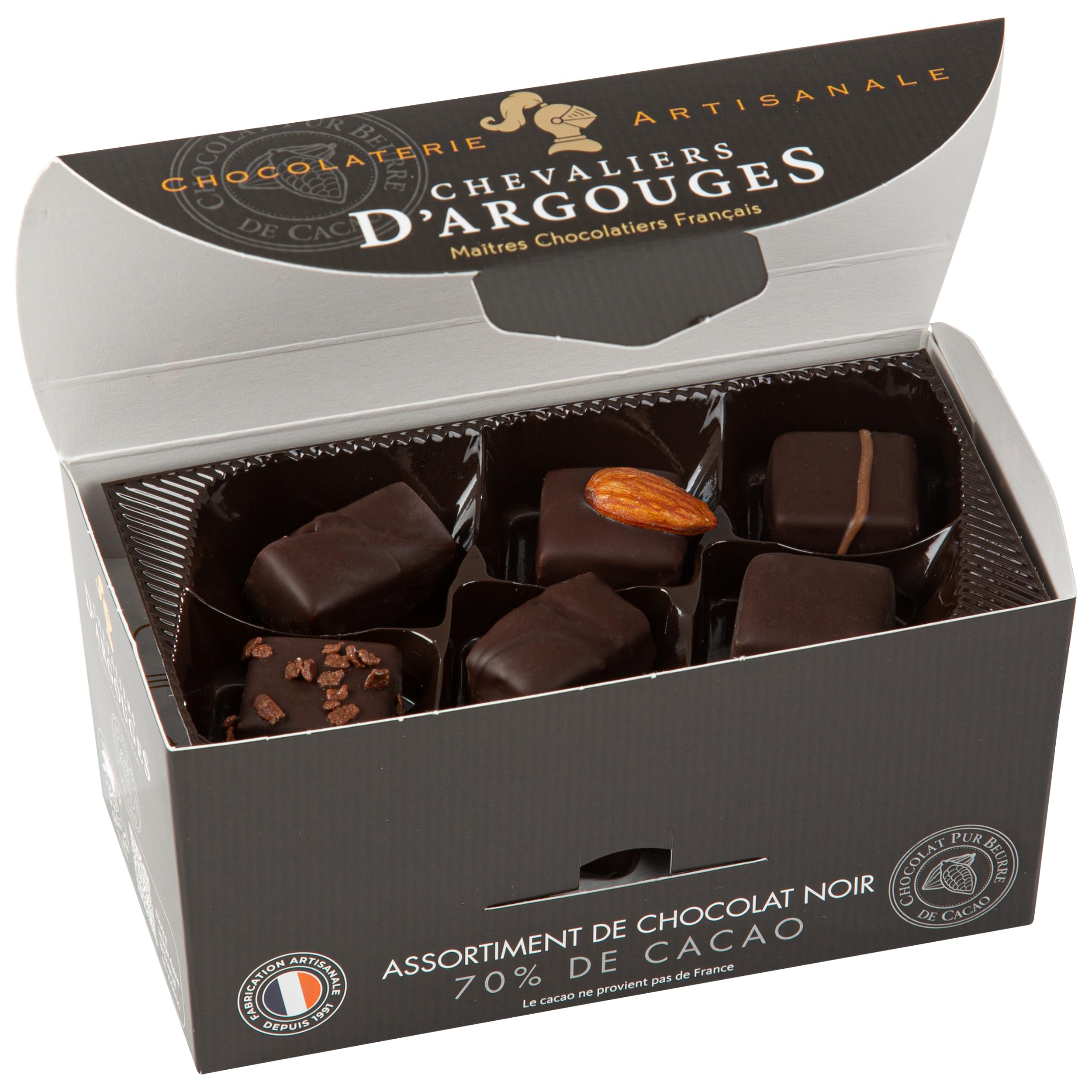 CHEVALIERS D'ARGOUGES Maîtres Chocolatiers Français - Assortiment de chocolats noir 70% - Ballotin dégustation 365g