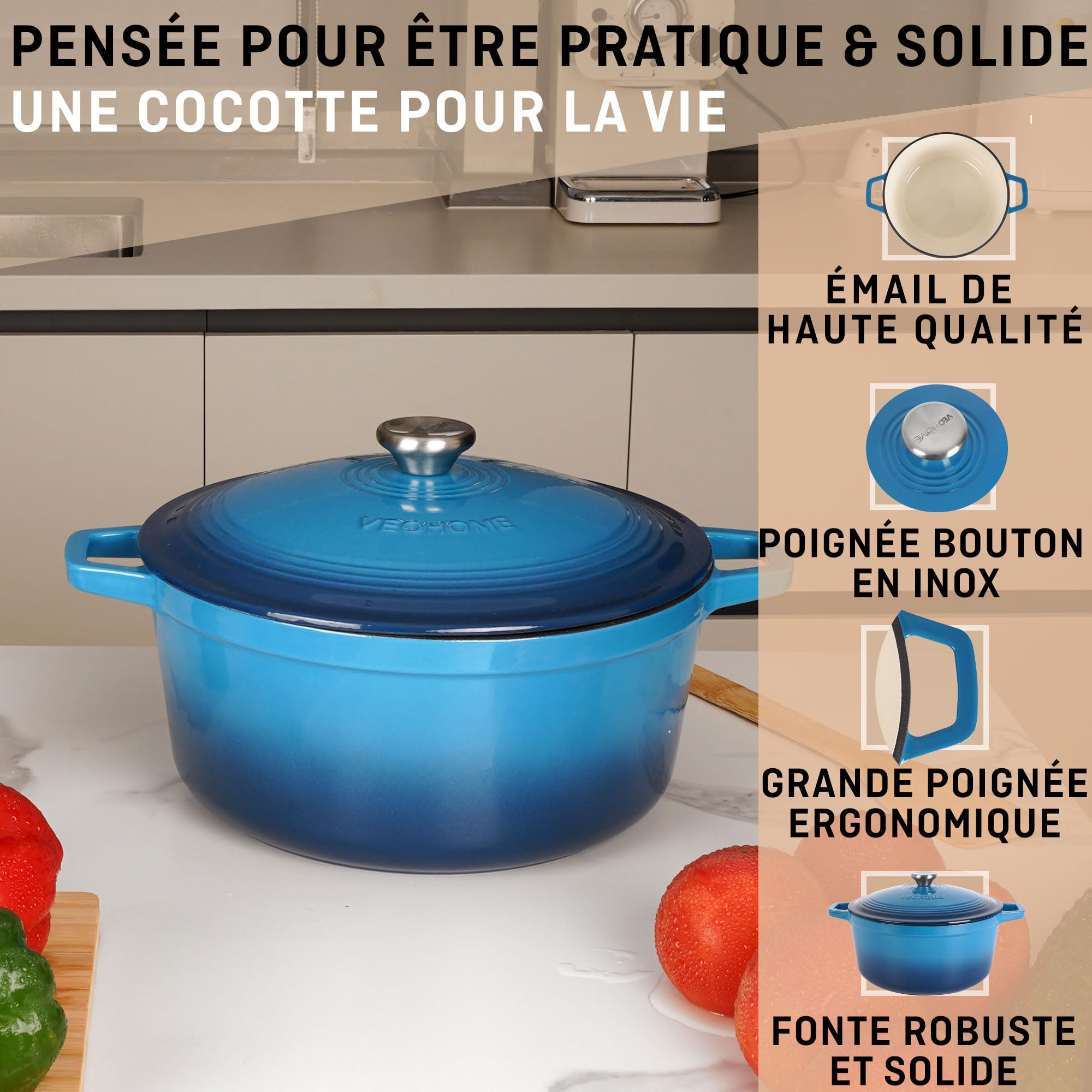 Cocotte Fonte Émaillée VeoHome Rouge 6L Ø28cm, Faitout Ultra Résistant,Marmite Compatible Induction/Gaz/Four, Cuisson Homogène, Saveurs Authentiques, Couvercle Relief