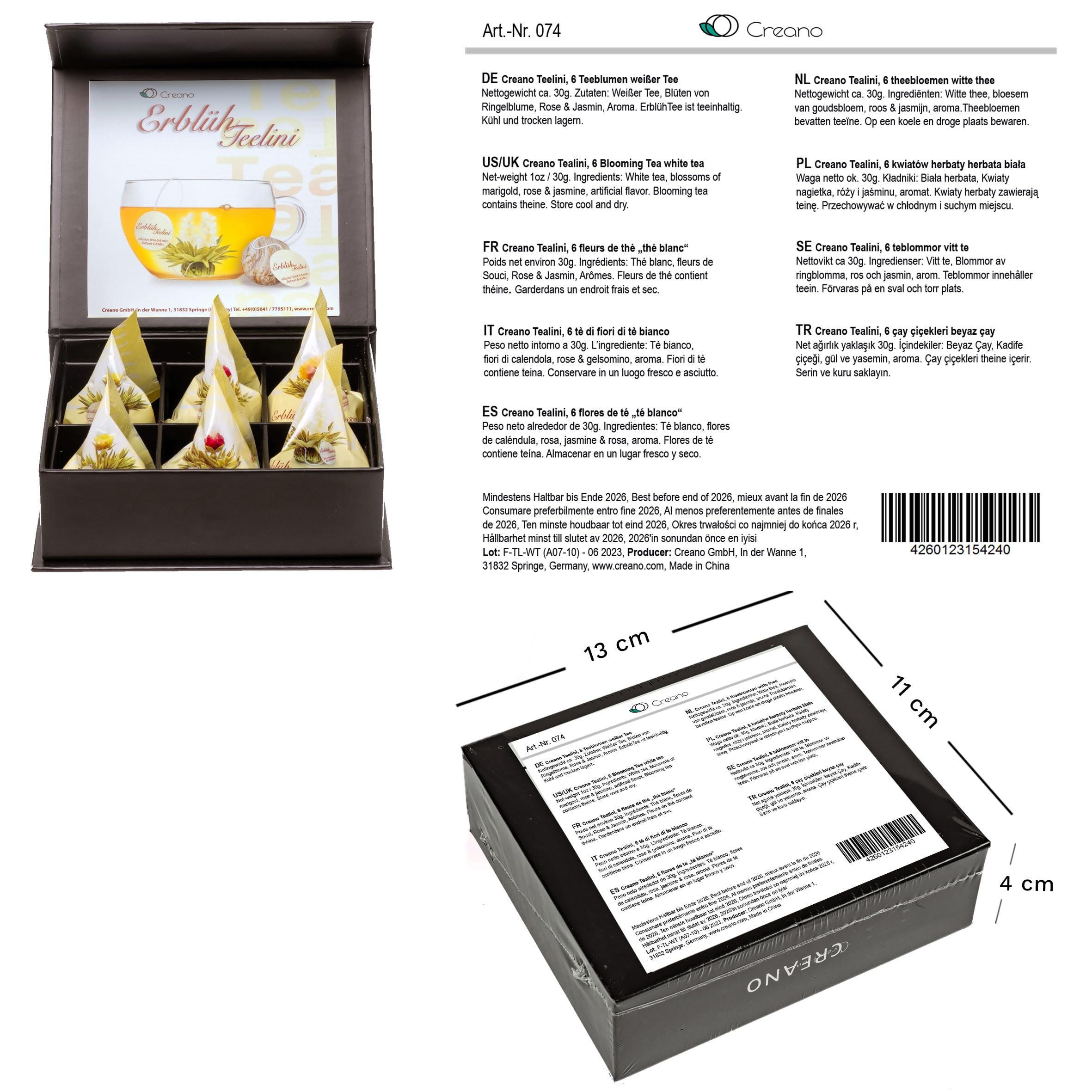 Creano Coffret Cadeau avec Fleurs de Thé dans Une Boîte Magnétique - Thé Blanc, Noir, Vert - 6 Fleurs de Thé avec 6 Sortes différentes