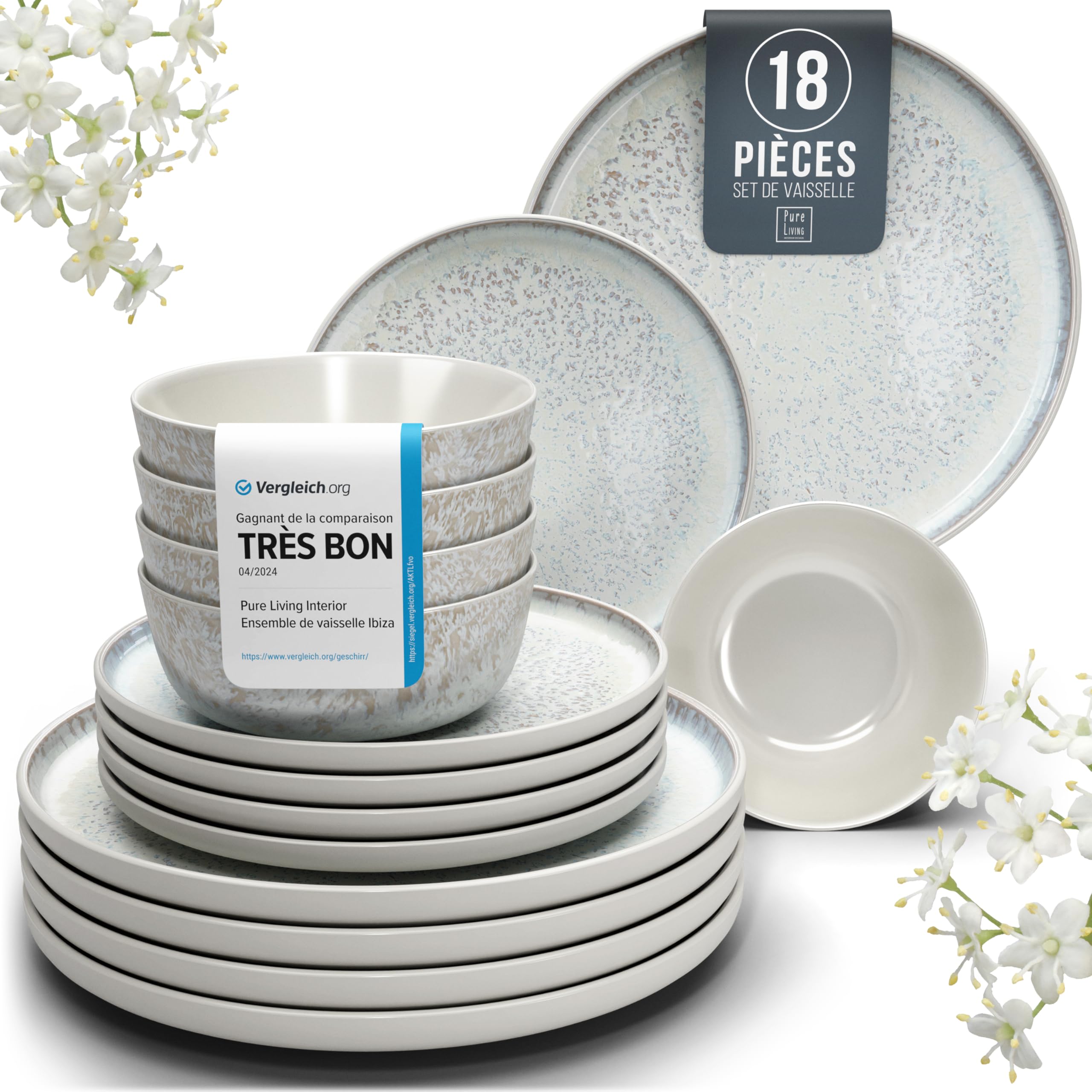 1.1.1.1. Ensemble de Vaisselle Rustique en Grès - Assiettes de Table Modernes Lavables au Lave-Vaisselle - Set de Vaisselle 6 Personnes Élégant en Bleu Fumé - Pure Living pour 6, Assiettes de Dîner