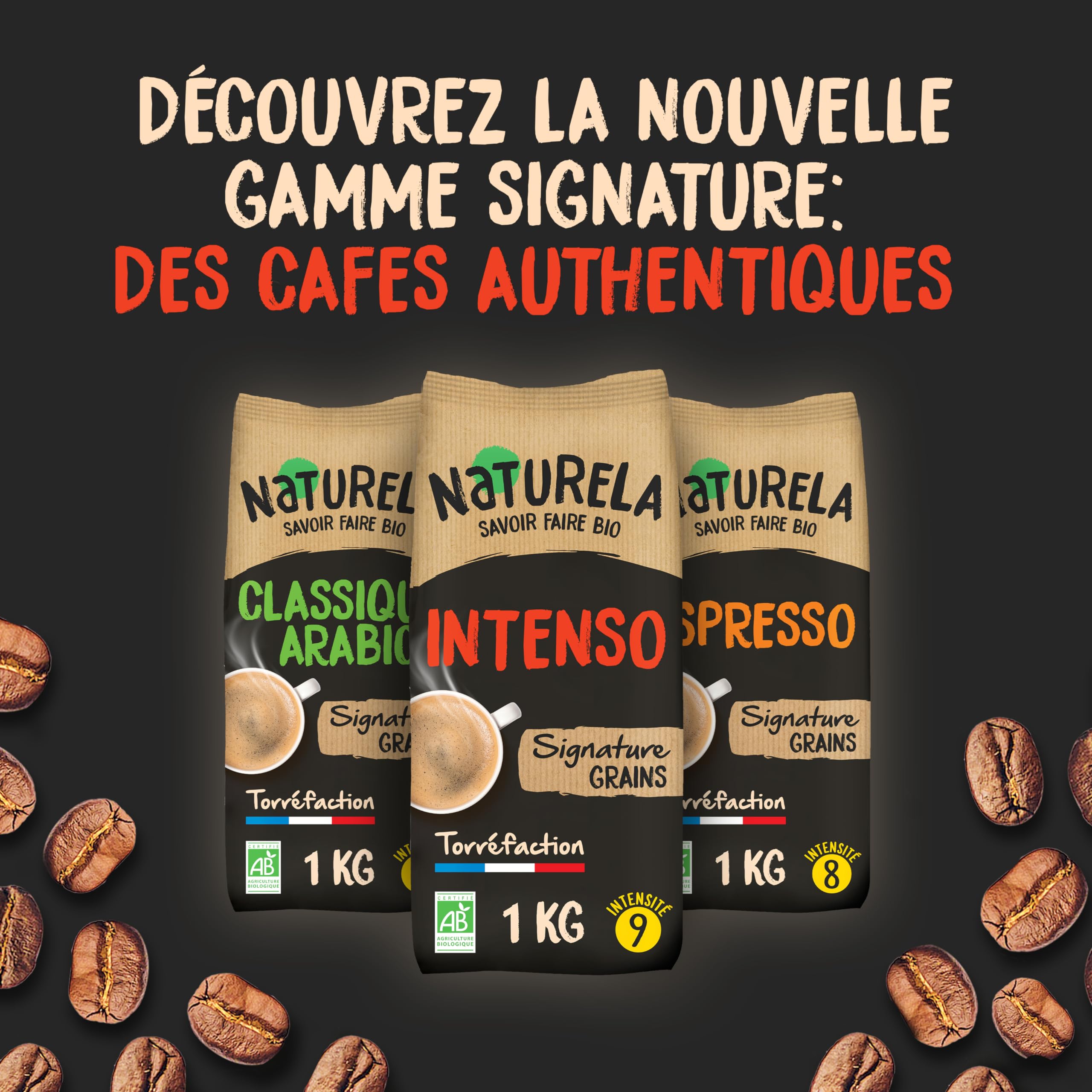 NATURELA - Café Grains Bio - Classique Arabica - 100% Arabica - Gamme Signature - Torréfaction Lente - Fabriqué en France - 1 kg