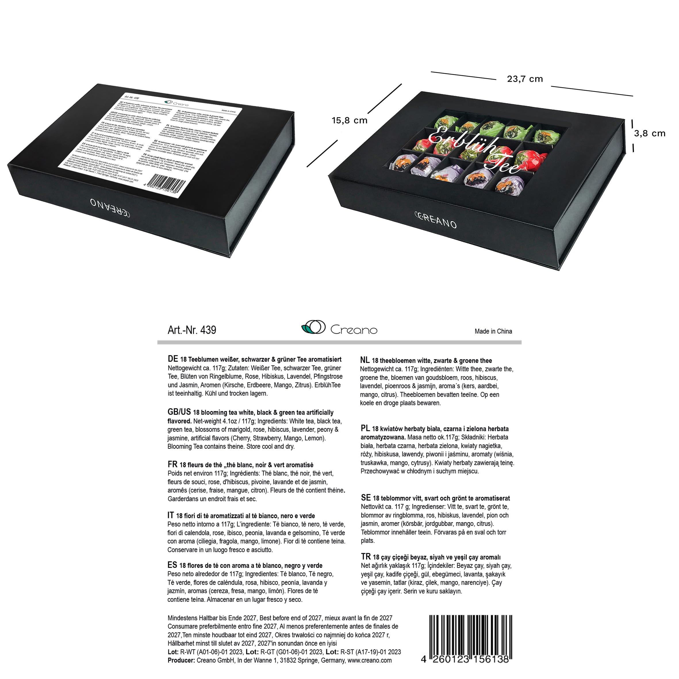 Creano Coffret Cadeau avec Fleurs de Thé dans Une Boîte Magnétique - Thé Blanc, Noir, Vert - 6 Fleurs de Thé avec 6 Sortes différentes