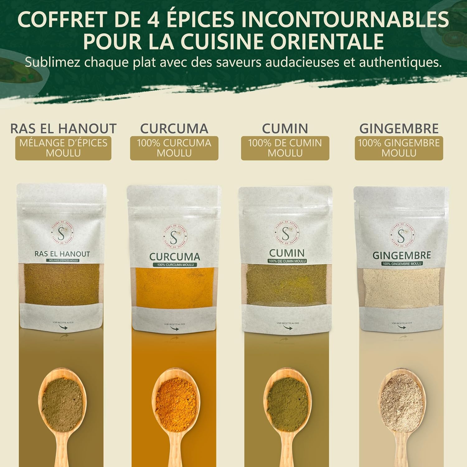 Coffret EPICES du Maroc **A OFFRIR** 100% naturel "Meilleures ventes" avec 4 épices les plus vendues-CADEAU EPICES -Saveurs authentiques de la cuisine orientale-gingembre-cumin-ras el hanout-cumin