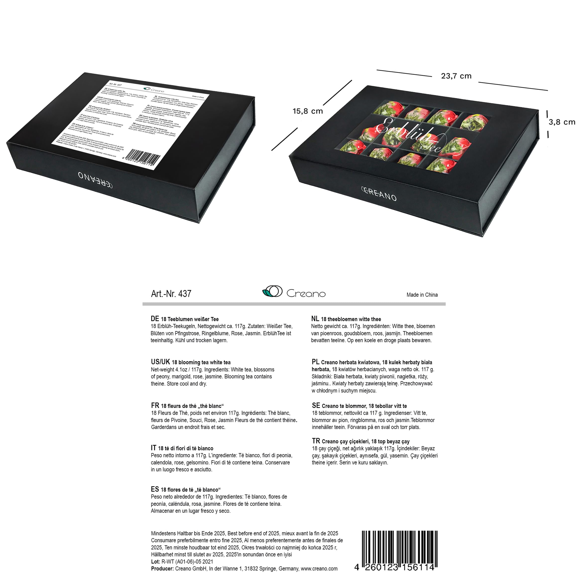 Creano Coffret Cadeau avec Fleurs de Thé dans Une Boîte Magnétique - Thé Blanc, Noir, Vert - 6 Fleurs de Thé avec 6 Sortes différentes