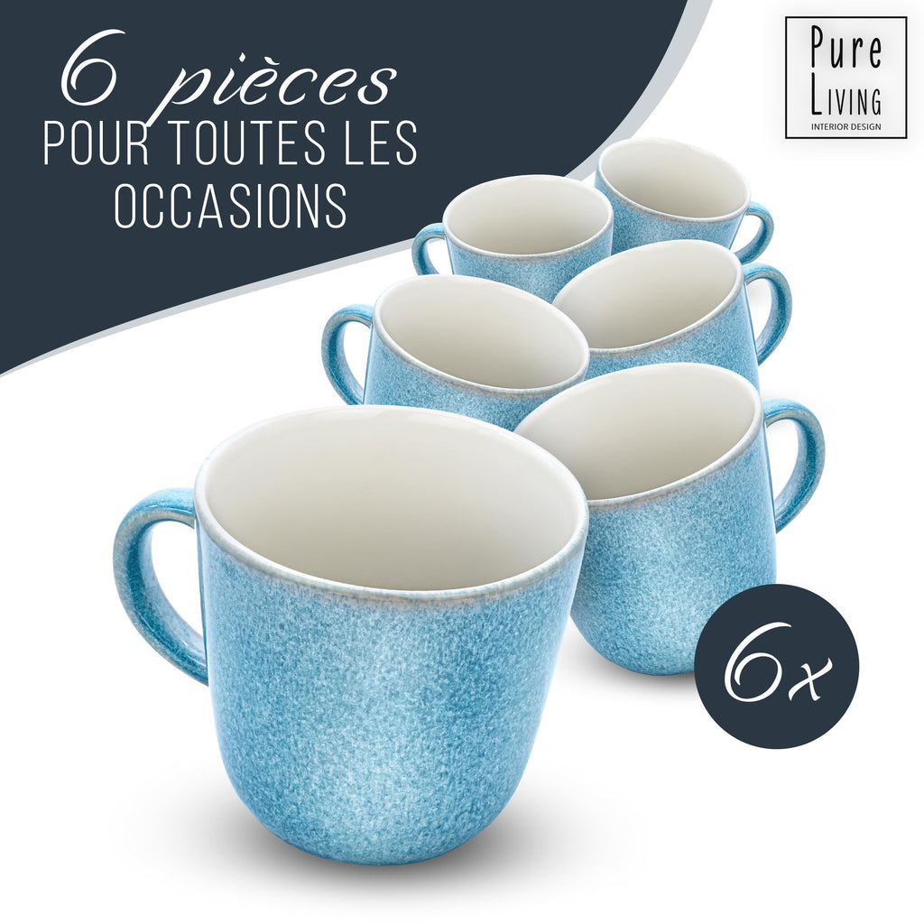 1.1.1.1. Ensemble de Vaisselle Rustique en Grès - Assiettes de Table Modernes Lavables au Lave-Vaisselle - Set de Vaisselle 6 Personnes Élégant en Bleu Fumé - Pure Living pour 6, Assiettes de Dîner