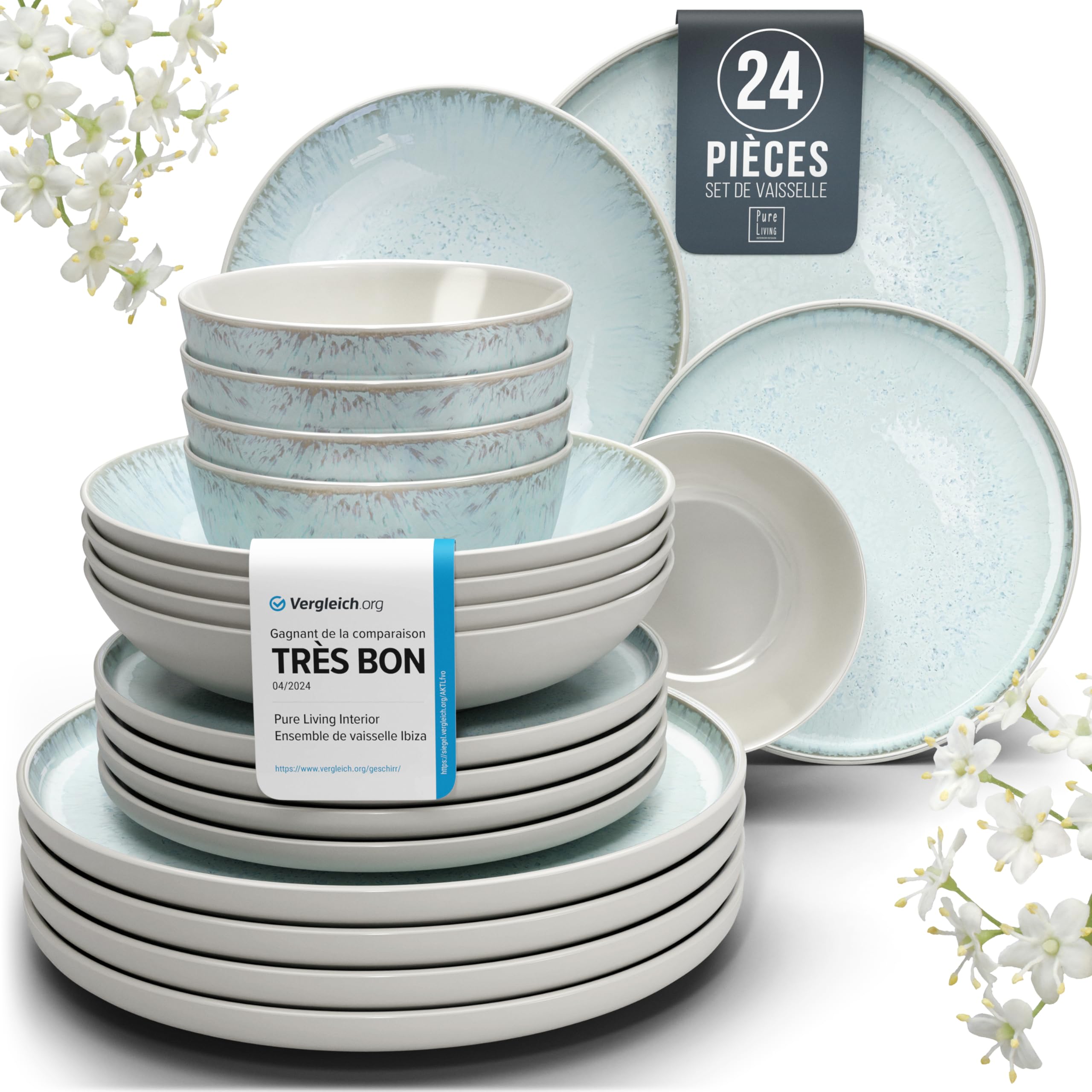1.1.1.1. Ensemble de Vaisselle Rustique en Grès - Assiettes de Table Modernes Lavables au Lave-Vaisselle - Set de Vaisselle 6 Personnes Élégant en Bleu Fumé - Pure Living pour 6, Assiettes de Dîner