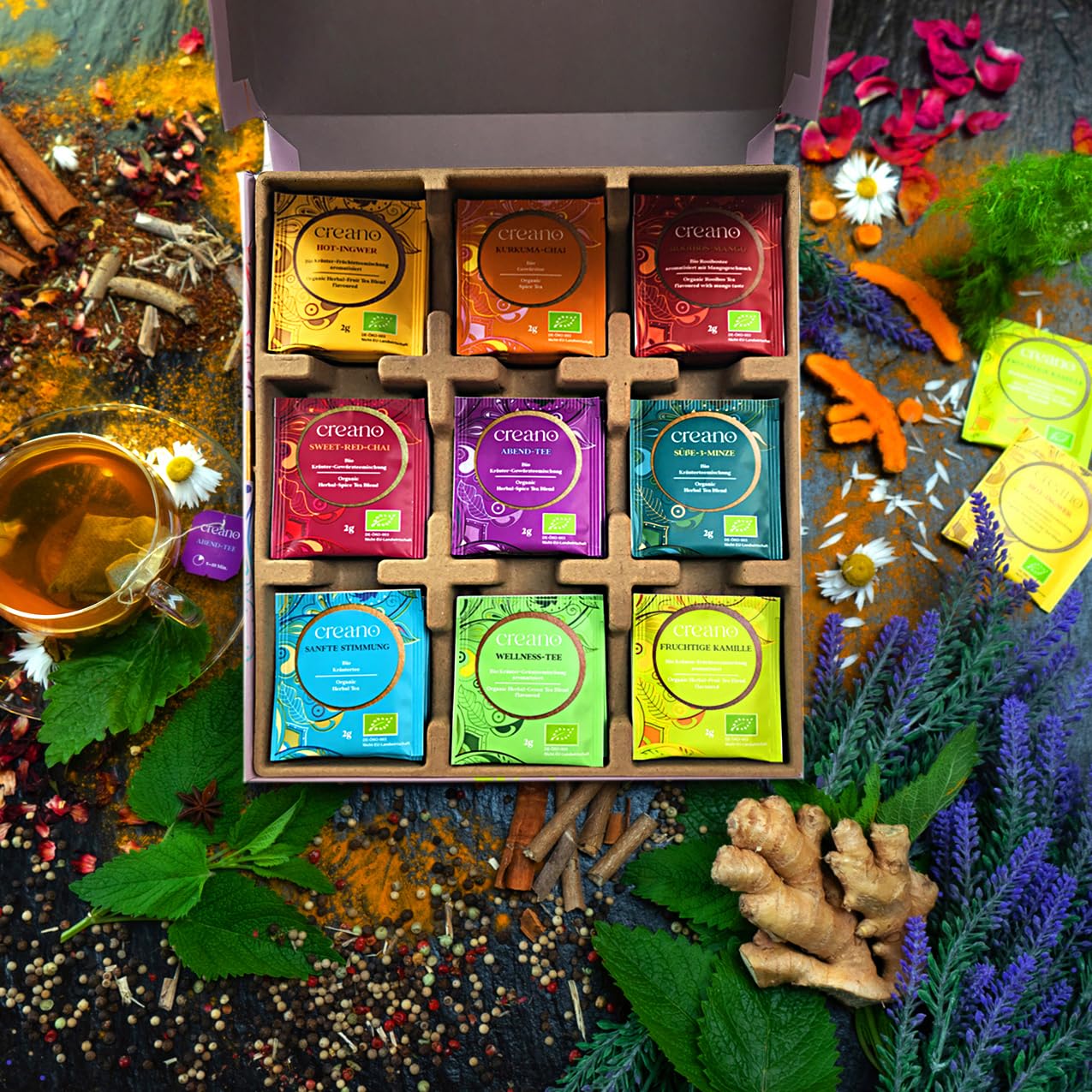 Creano Infusion aux fruits bio - Coffret cadeau - 27 sachets de thé bio en 9 variétés magnifiques - 54g*