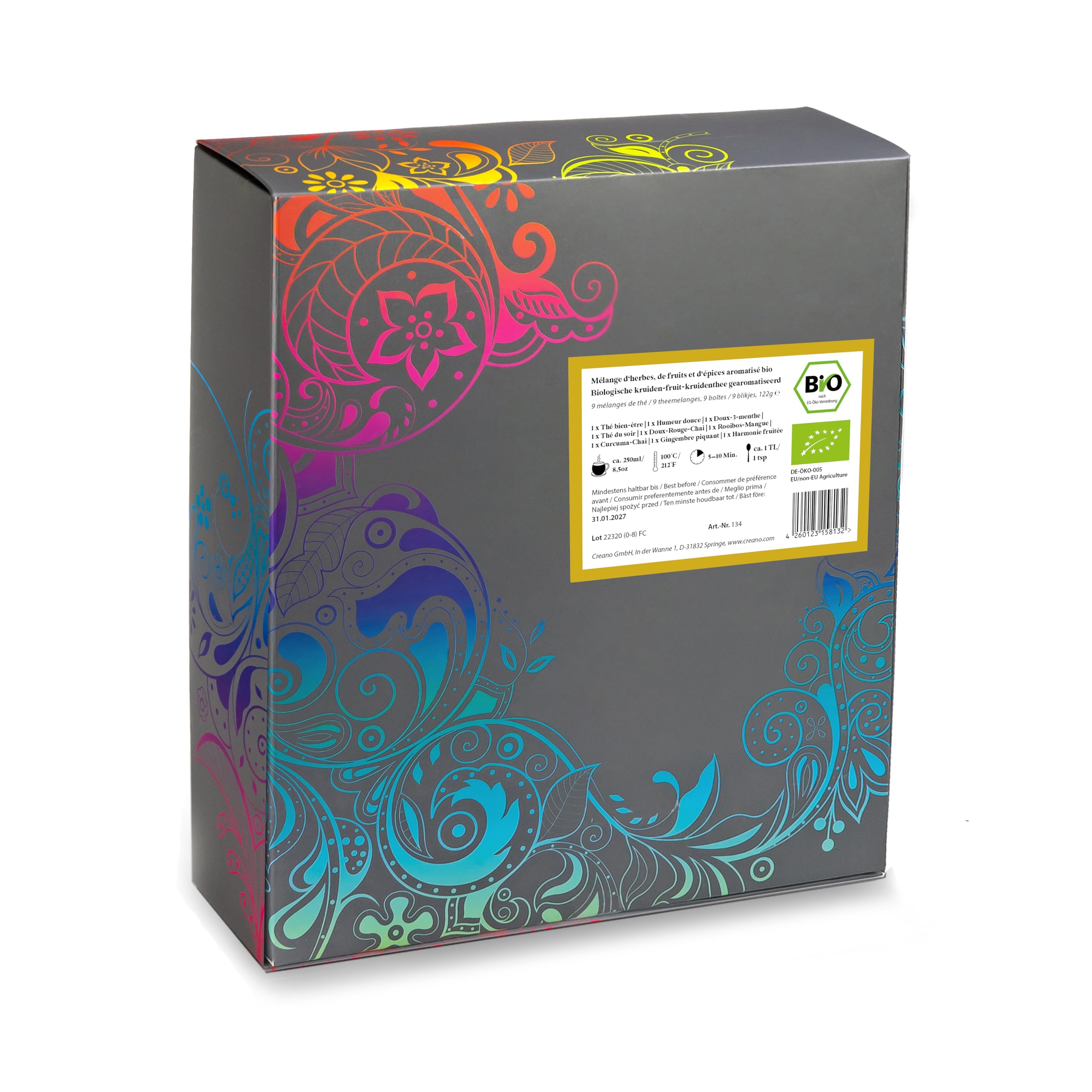 Creano Infusion aux fruits bio - Coffret cadeau - 27 sachets de thé bio en 9 variétés magnifiques - 54g*