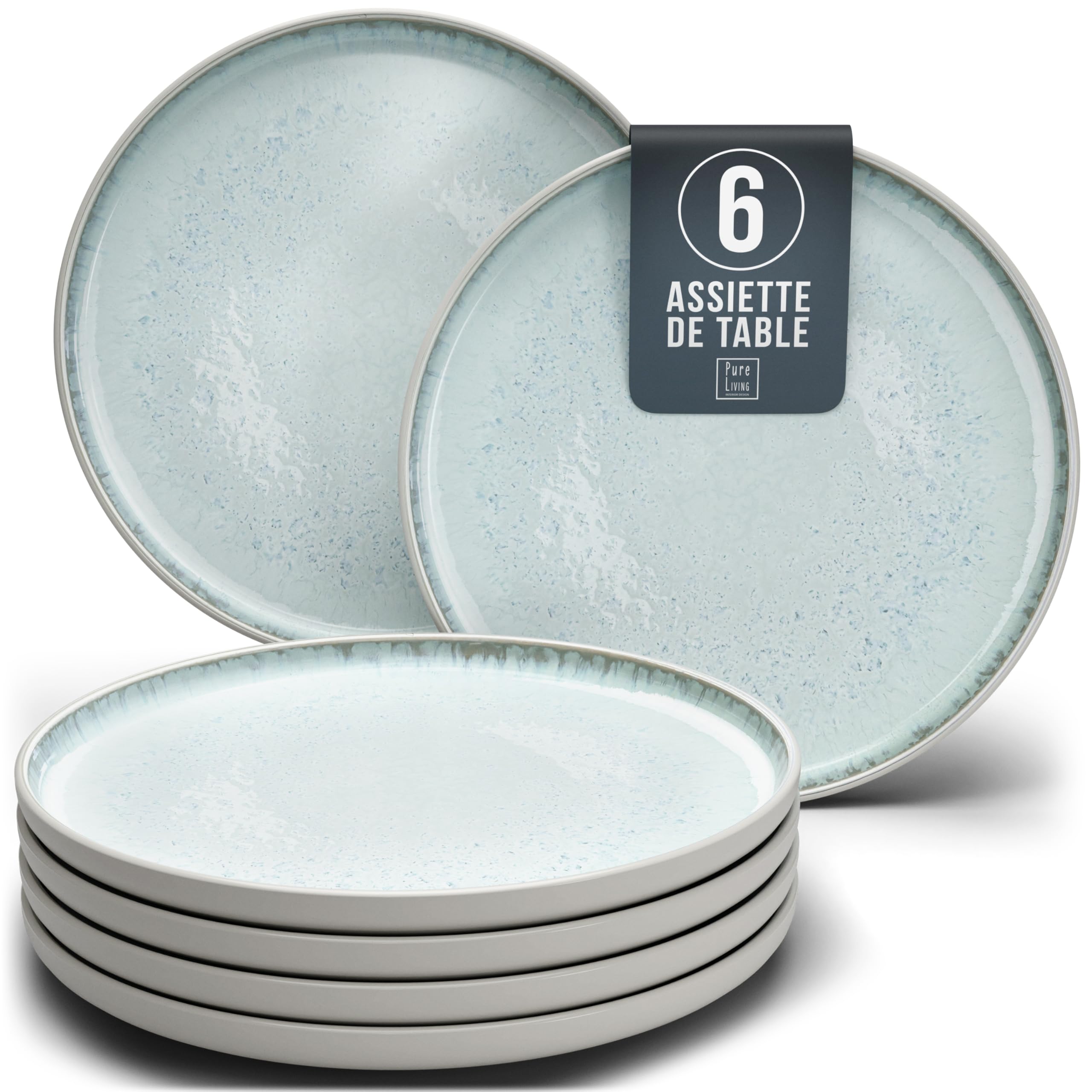 1.1.1.1. Ensemble de Vaisselle Rustique en Grès - Assiettes de Table Modernes Lavables au Lave-Vaisselle - Set de Vaisselle 6 Personnes Élégant en Bleu Fumé - Pure Living pour 6, Assiettes de Dîner