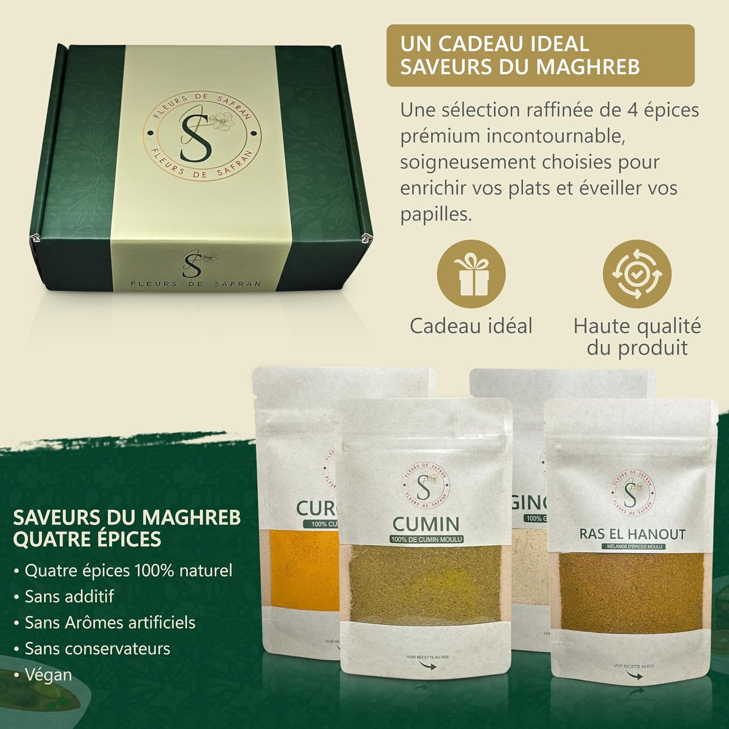 Coffret EPICES du Maroc **A OFFRIR** 100% naturel "Meilleures ventes" avec 4 épices les plus vendues-CADEAU EPICES -Saveurs authentiques de la cuisine orientale-gingembre-cumin-ras el hanout-cumin