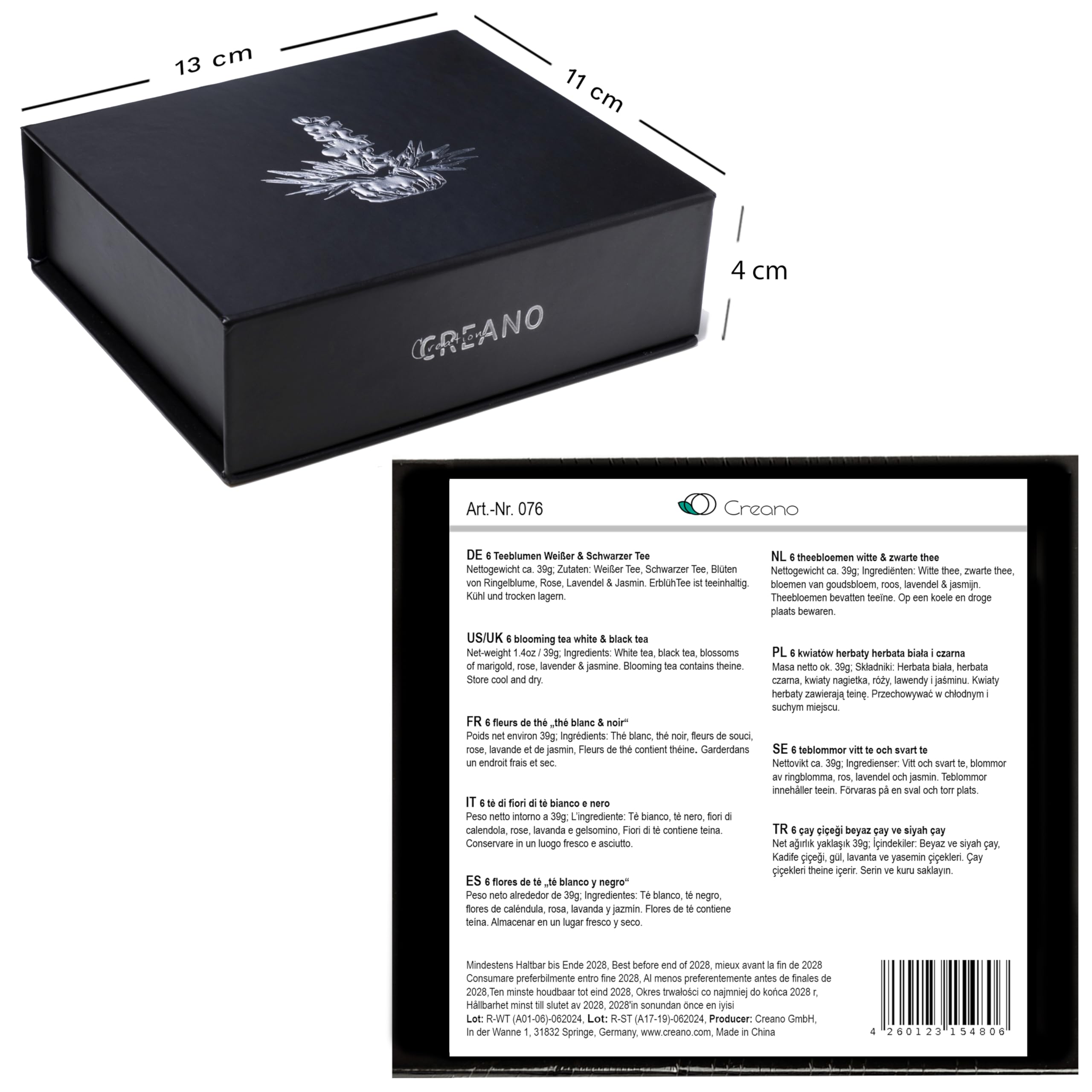 Creano Coffret Cadeau avec Fleurs de Thé dans Une Boîte Magnétique - Thé Blanc, Noir, Vert - 6 Fleurs de Thé avec 6 Sortes différentes