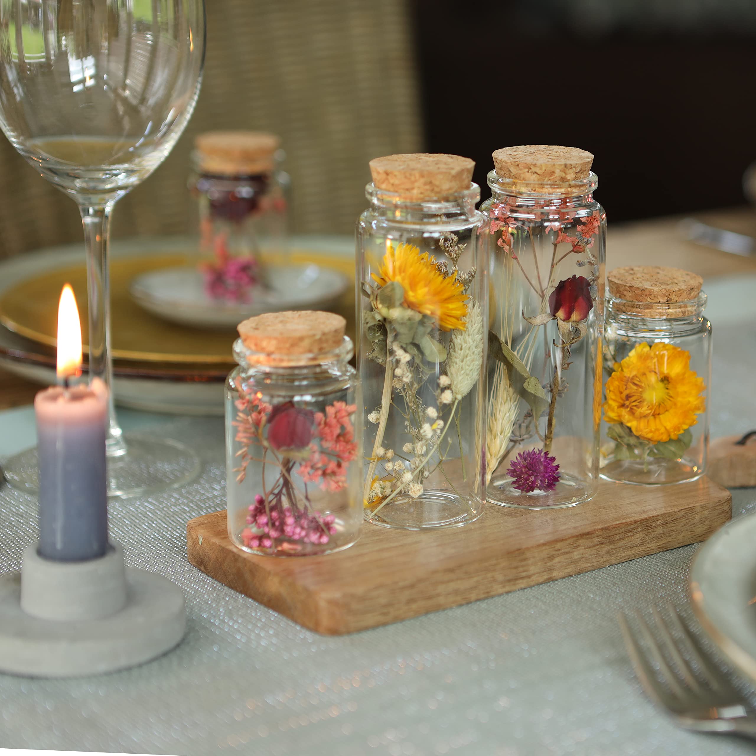 Comforder Fleurs Séchées en Verre avec Bouchon en Liège 4pcs, Décoration de Fleurs Séchées Naturelles dans Bouteille en Verre, Mariage Champêtre (Naturel)