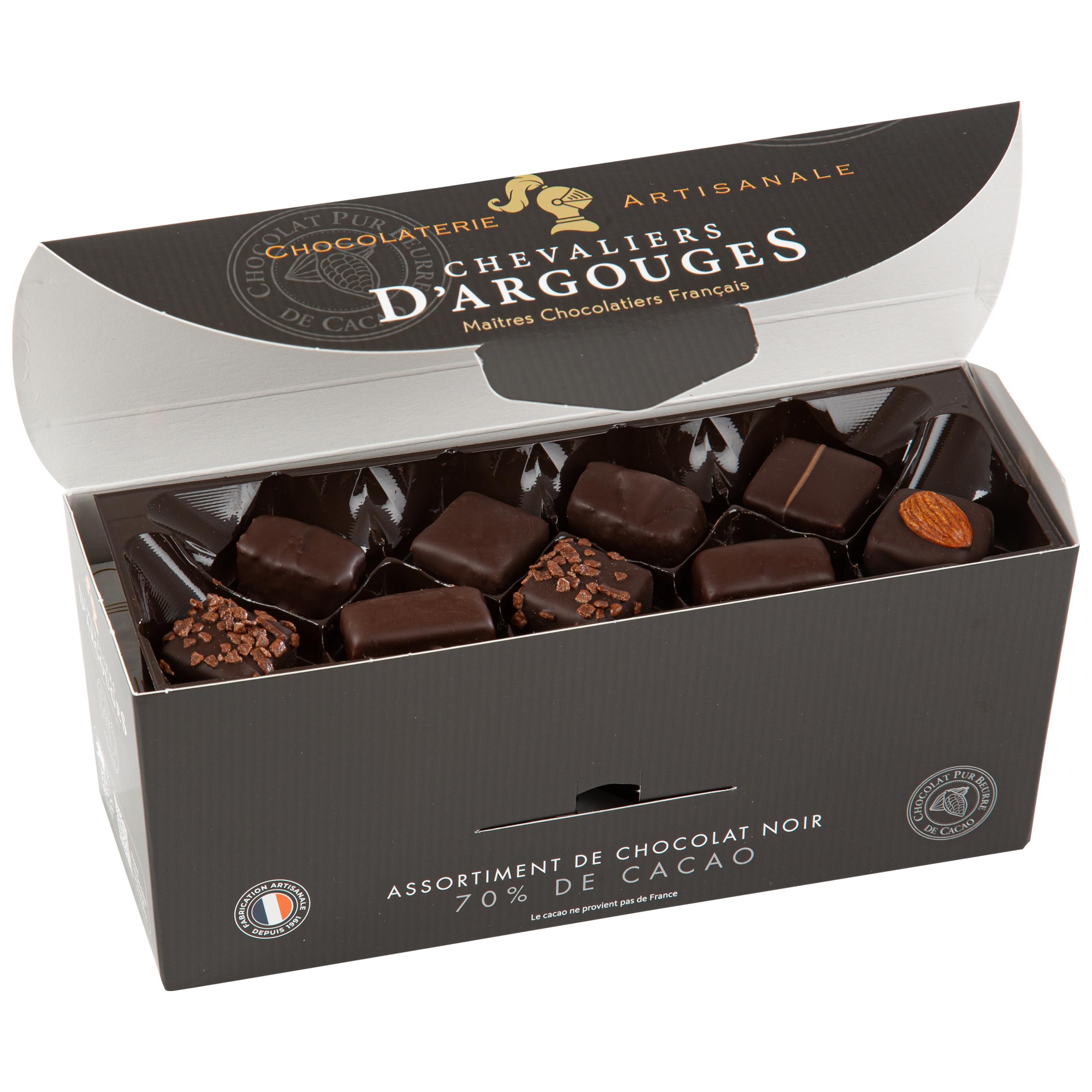 CHEVALIERS D'ARGOUGES Maîtres Chocolatiers Français - Assortiment de chocolats noir 70% - Ballotin dégustation 365g