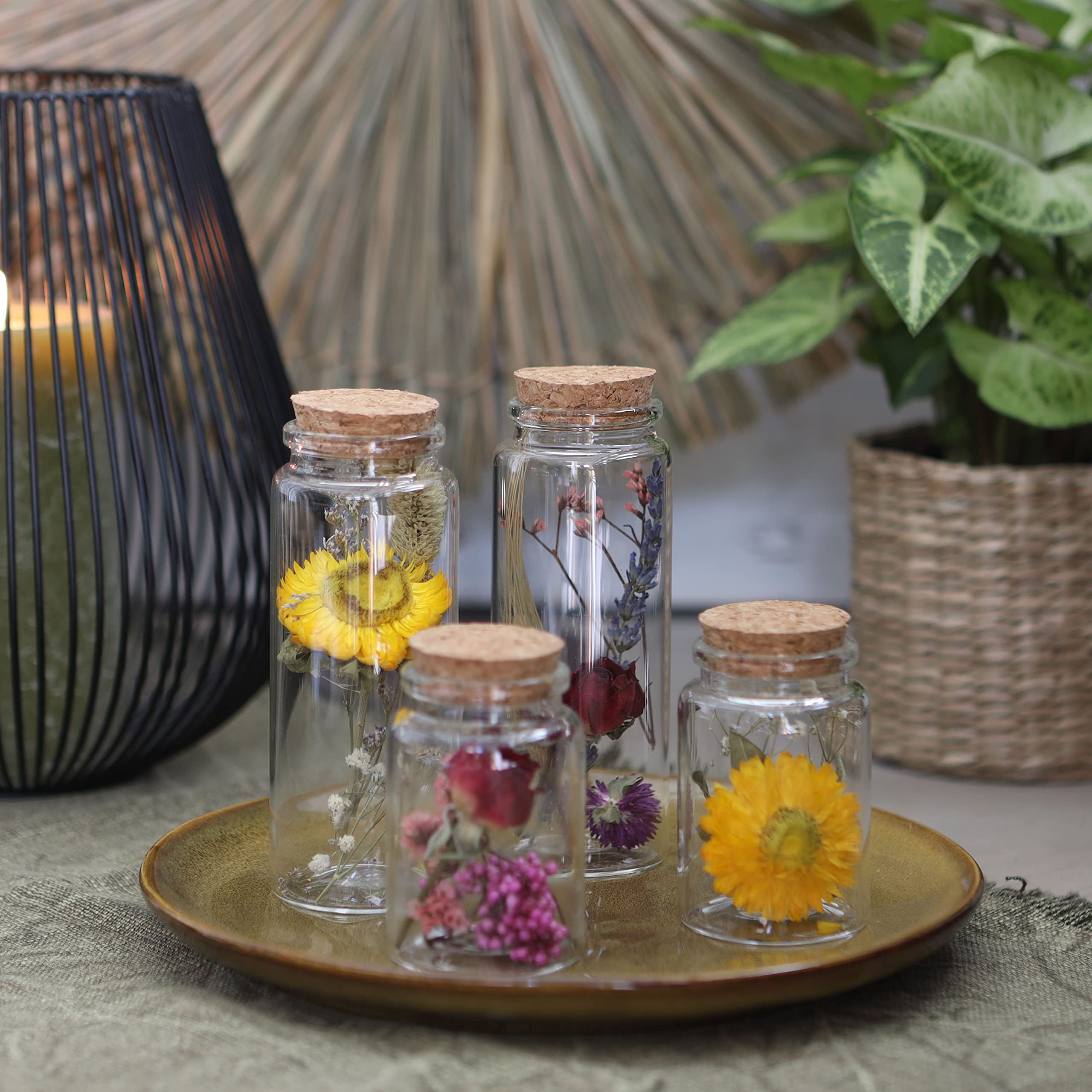 Comforder Fleurs Séchées en Verre avec Bouchon en Liège 4pcs, Décoration de Fleurs Séchées Naturelles dans Bouteille en Verre, Mariage Champêtre (Naturel)
