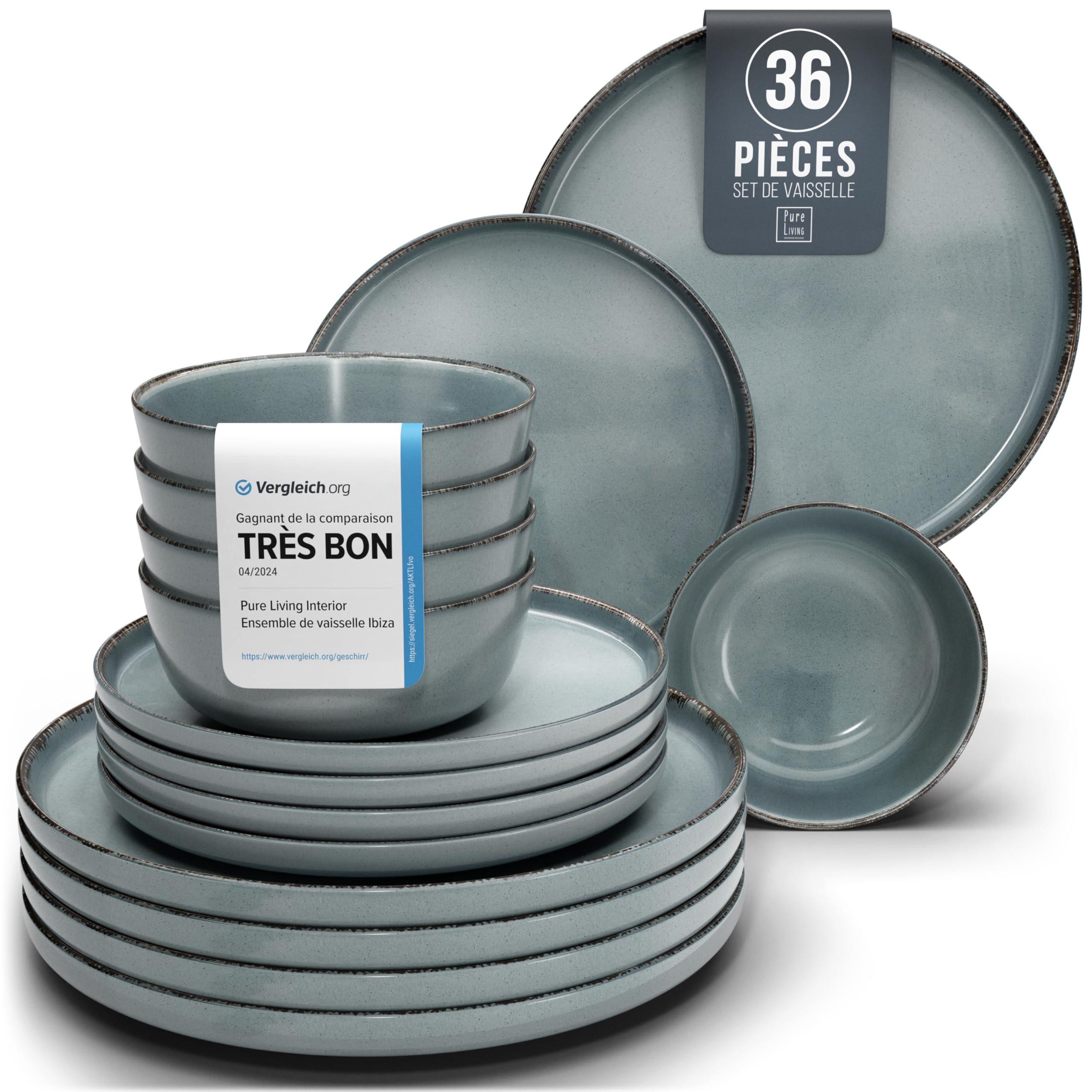 1.1.1.1. Ensemble de Vaisselle Rustique en Grès - Assiettes de Table Modernes Lavables au Lave-Vaisselle - Set de Vaisselle 6 Personnes Élégant en Bleu Fumé - Pure Living pour 6, Assiettes de Dîner