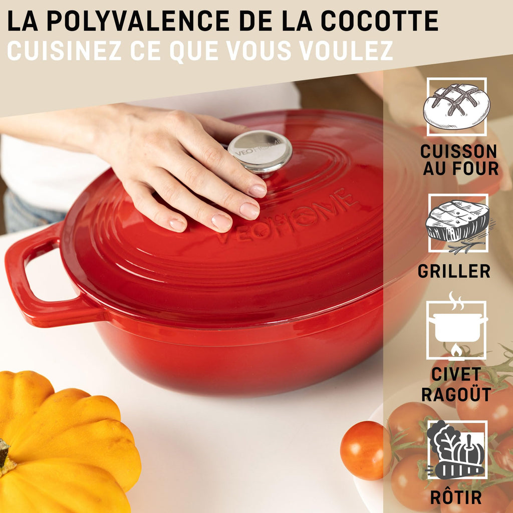 Cocotte Fonte Émaillée VeoHome Rouge 6L Ø28cm, Faitout Ultra Résistant,Marmite Compatible Induction/Gaz/Four, Cuisson Homogène, Saveurs Authentiques, Couvercle Relief