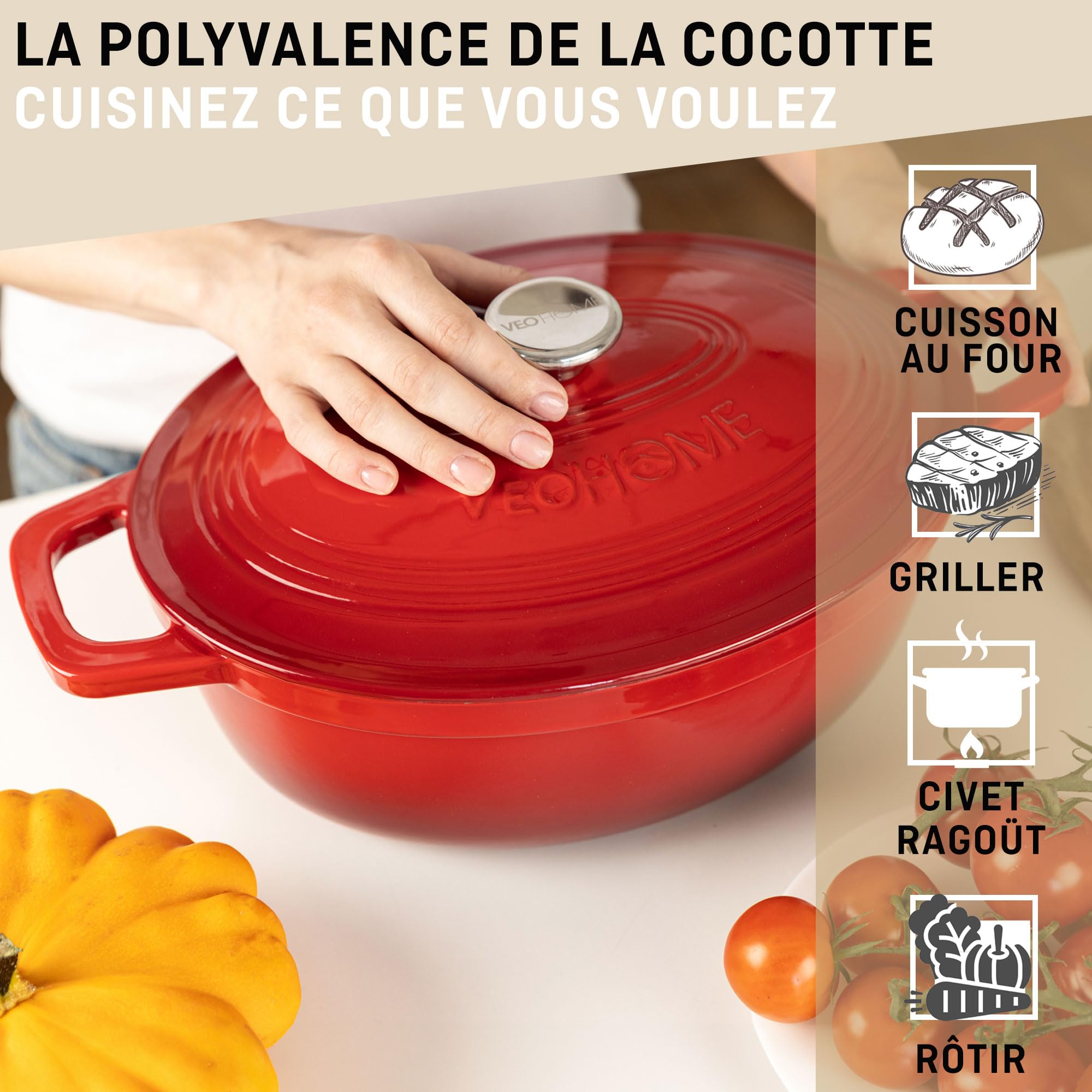 Cocotte Fonte Émaillée VeoHome Rouge 6L Ø28cm, Faitout Ultra Résistant,Marmite Compatible Induction/Gaz/Four, Cuisson Homogène, Saveurs Authentiques, Couvercle Relief
