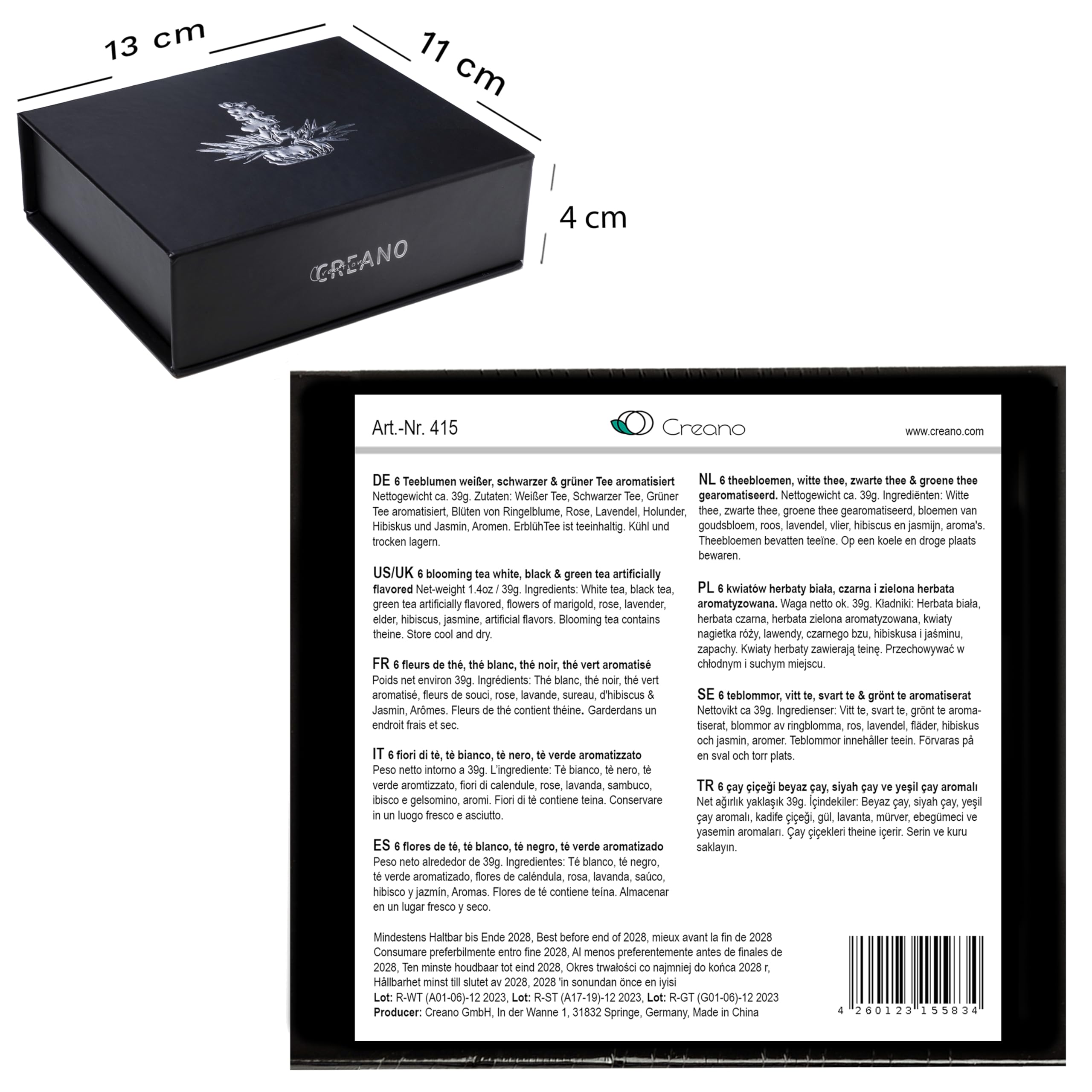 Creano Coffret Cadeau avec Fleurs de Thé dans Une Boîte Magnétique - Thé Blanc, Noir, Vert - 6 Fleurs de Thé avec 6 Sortes différentes