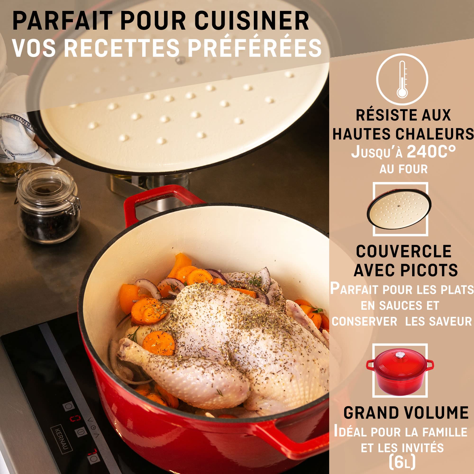Cocotte Fonte Émaillée VeoHome Rouge 6L Ø28cm, Faitout Ultra Résistant,Marmite Compatible Induction/Gaz/Four, Cuisson Homogène, Saveurs Authentiques, Couvercle Relief