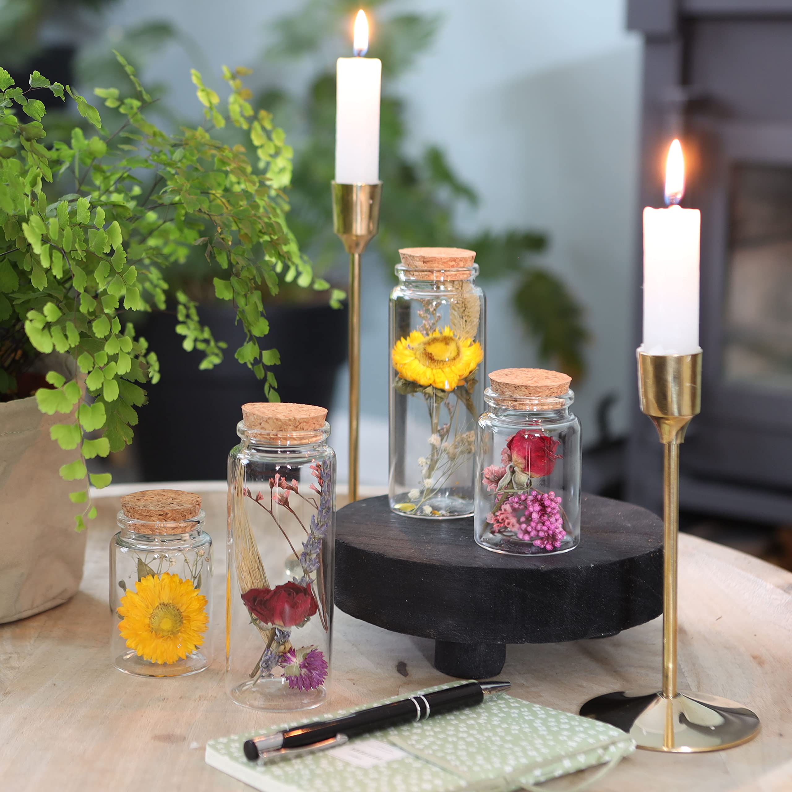 Comforder Fleurs Séchées en Verre avec Bouchon en Liège 4pcs, Décoration de Fleurs Séchées Naturelles dans Bouteille en Verre, Mariage Champêtre (Naturel)