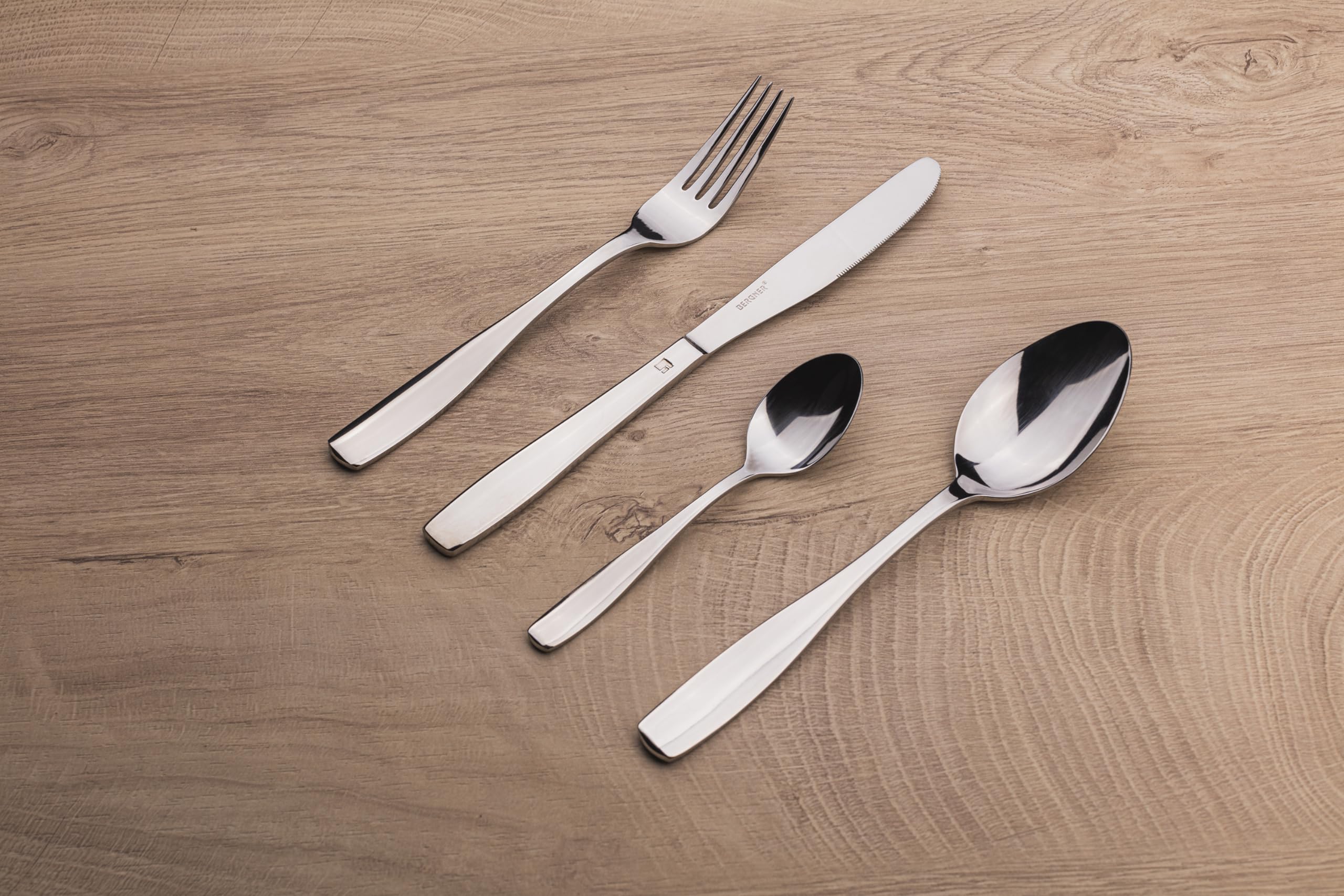 BERGNER Lyon - Ensemble complet 24 couverts - 6 couteaux - 6 fourchettes - 6 cuillères - 6 cuillères à thé - En acier inoxydable robuste - Finition polie mate - Facile à laver